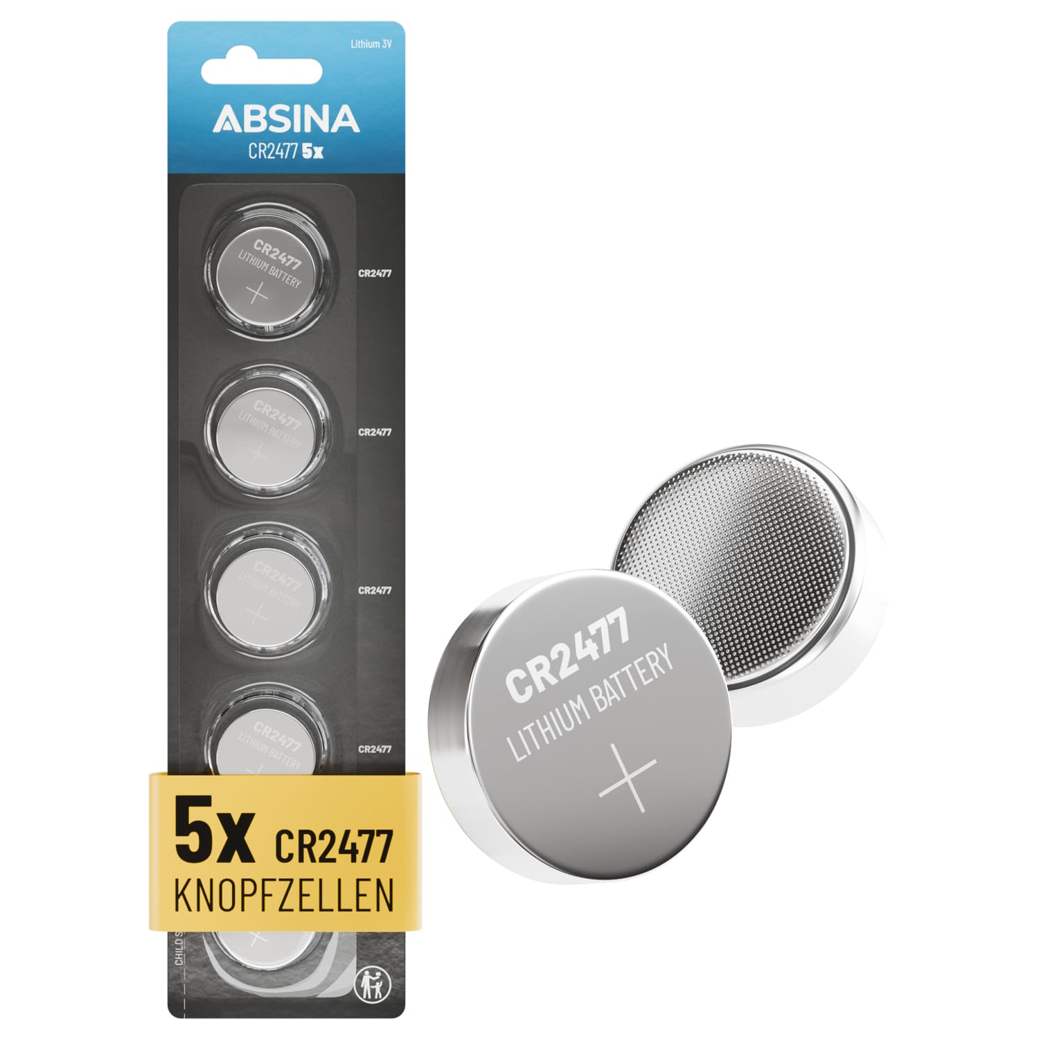 ABSINA CR2477 3V Lithium Knopfzelle - auslaufsicher & Lange Haltbarkeit