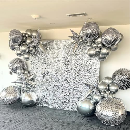 Image of 9 Pcs Silver Foil Balloons 22 Inch Metallic Silver Disco Ball Balloons Chrome Explosion Stars Balloon for Birthday Bachelorette 70s 80s 90s Themed Graduation Retro New Year Prom Party Decor