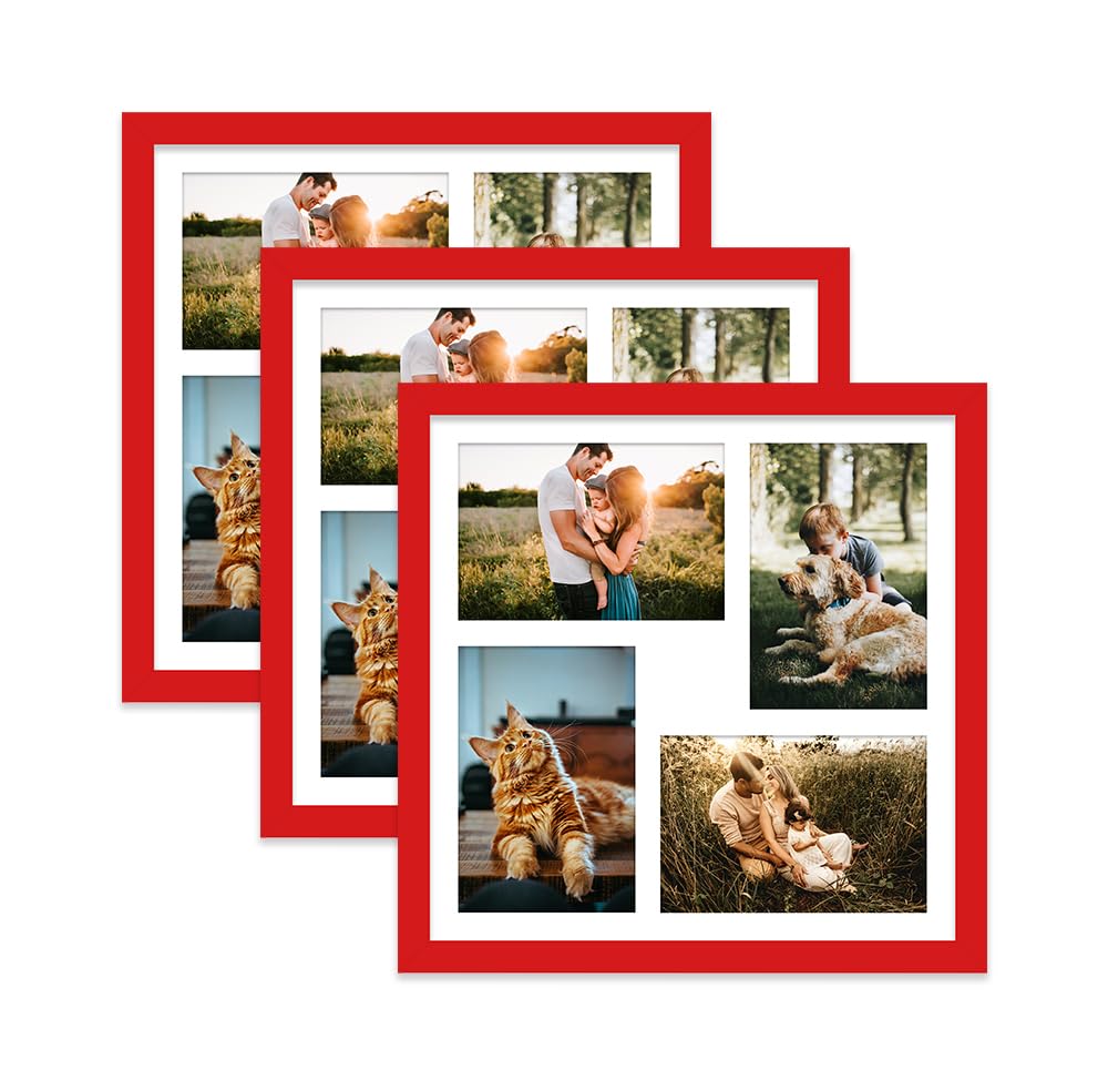 Red Multi Photo Frame - Holds 4 x 6x4 Pictures, Family Collage Picture Frame for Wall Display, 12x12 Frame size, Set of 3