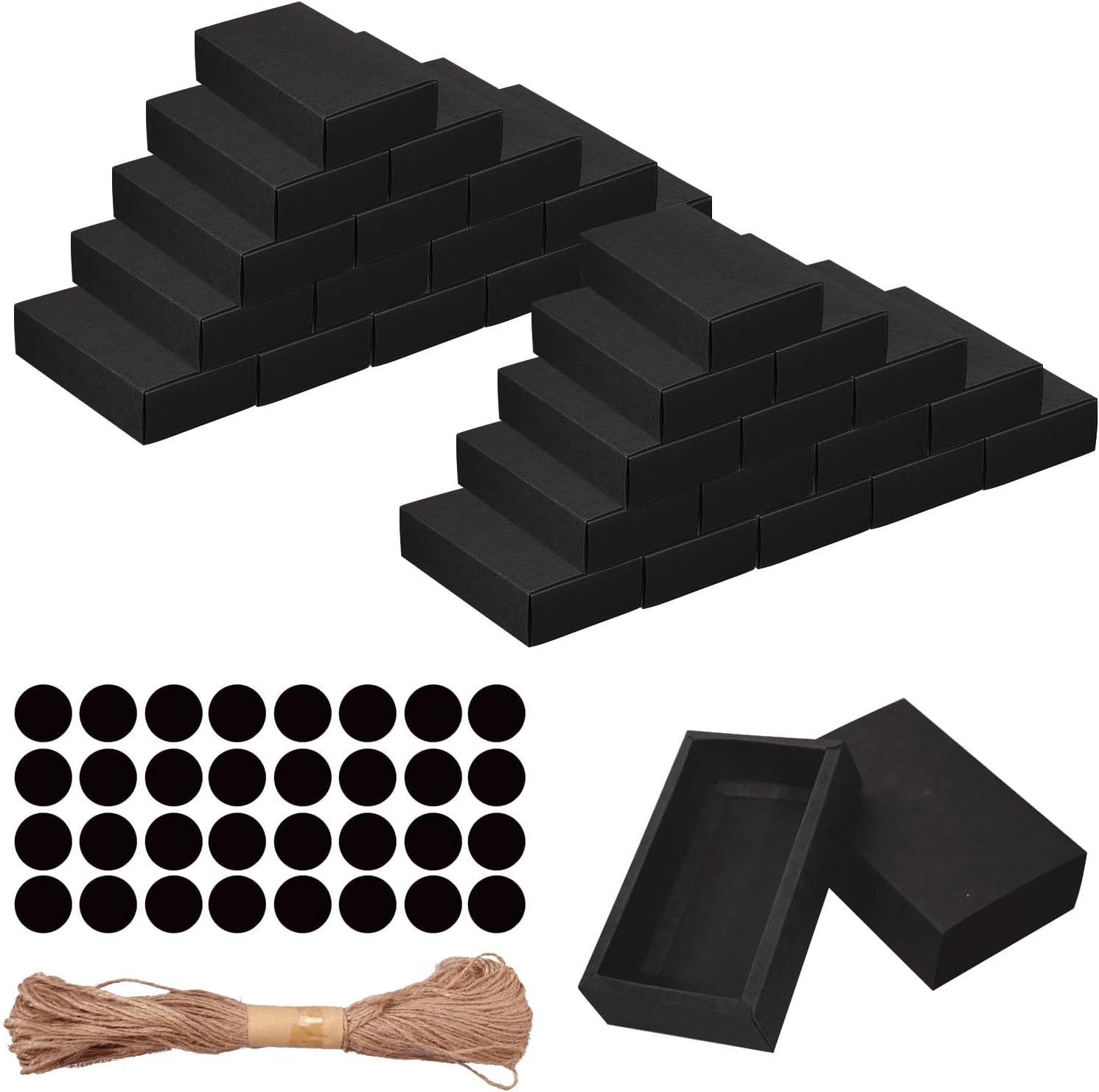 SENONAPO 32 Pcs Paper Drawer Box Mini Cardboard Present Boxes Rectangle Drawer with Blank Tags and Jute String Present Packaging Boxes for Business Jewelry Candy Wedding Party Supplies(Black)