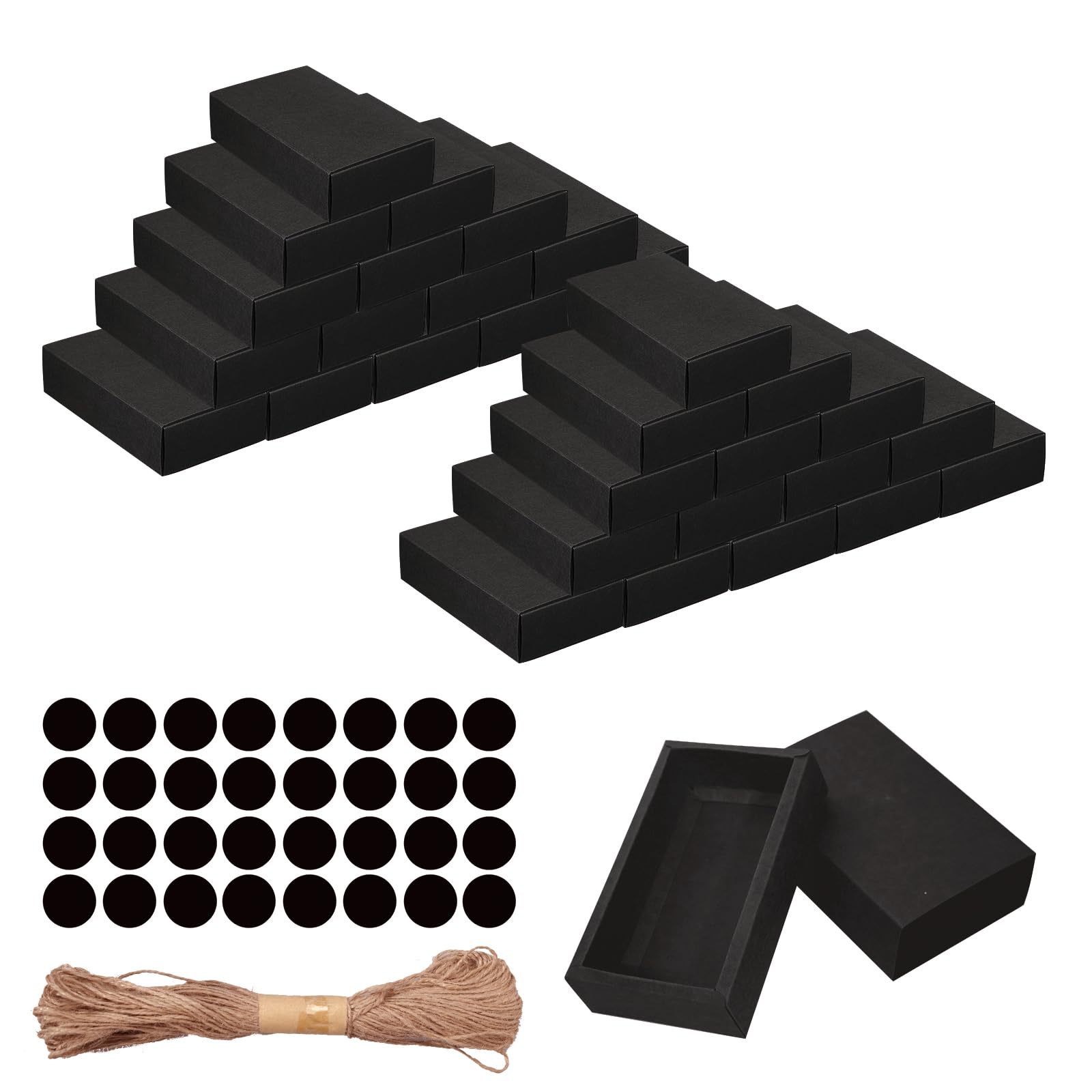 32 Pcs Kraft Paper Drawer Box Mini Cardboard Present Boxes Rectangle Drawer Kraft Boxes with Blank Tags and Jute String Present Packaging Boxes for Business Jewelry Candy Wedding Party Supplies(Black)