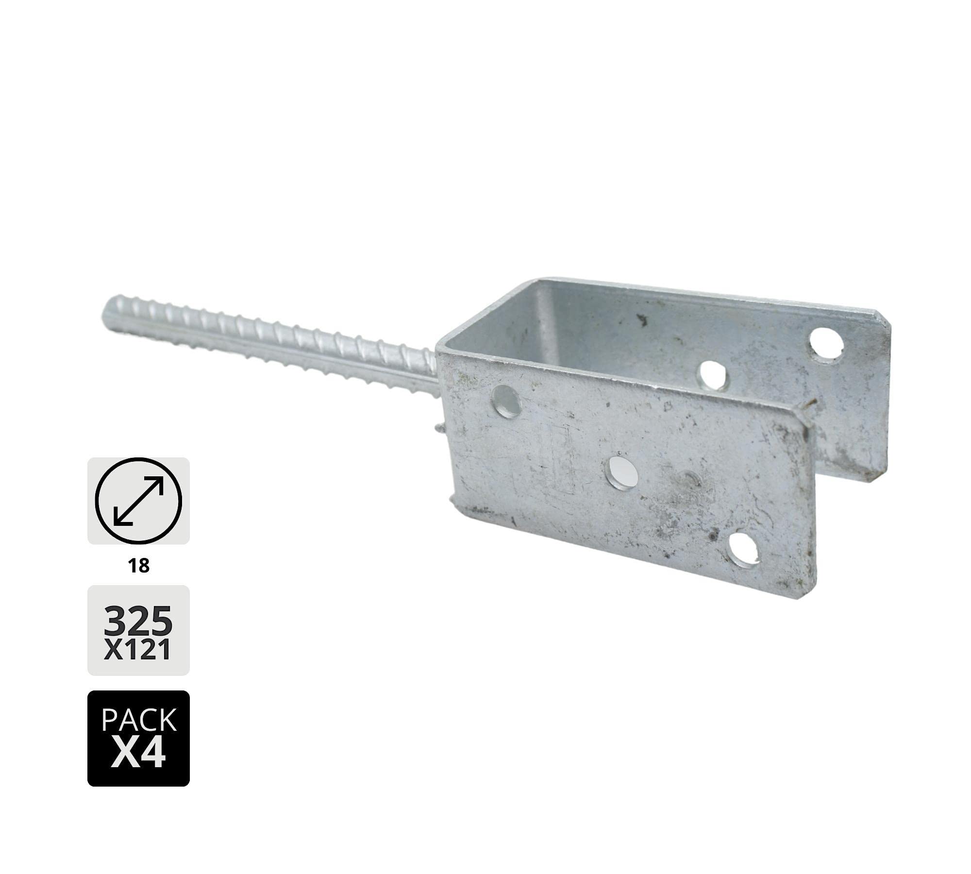 DOJA Barcelona | Anclaje Poste | 4 Soporte en U para Postes | 121x325x120x18 mm | Acero Galvanizado | Pie de Postes para Vallas, Sombrilla Playa, Listones de Madera, Malla Metalica, Pergolas de Madera