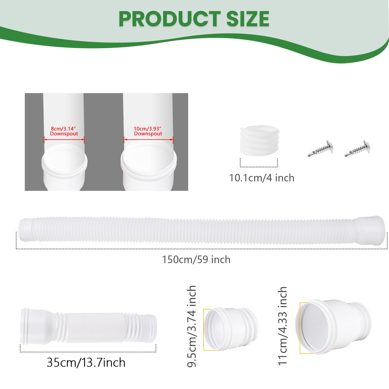 1 pezzo di prolunga flessibile per grondaie, forma circolare, per tubo di scarico da 80/100 mm, estensibile da 47 a 150 cm (bianco, 1 pezzo)