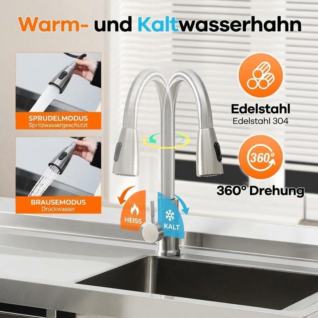 Küchenspüle Edelstahl Freistehend Mit Schublade & Arbeitstisch Waschbecken | Mit Ausziehbarer Armatur, Warm- & Kaltwasseranschluss, Outdoor Spüle Waschbecken Für Outdoor, Küche, Camping