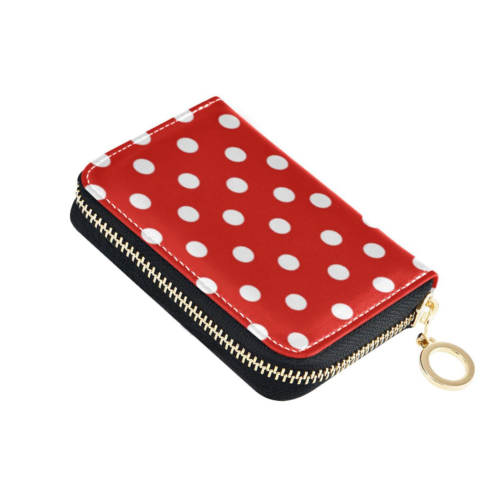 HJJKLLP Red Polka Dot RFID Credit Card Holder Leather Accordion Wallet, Small Card Case Wallet with Zipper & Keychain for Women Girls