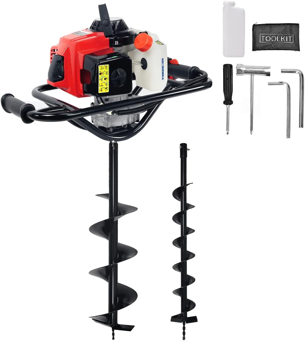 XtremepowerUS 2.5HP Post Hole Digger Fence Tree Hole Digger Powerhead with 2 Auger Bit 4" & 8" Bit Set, Red/Black