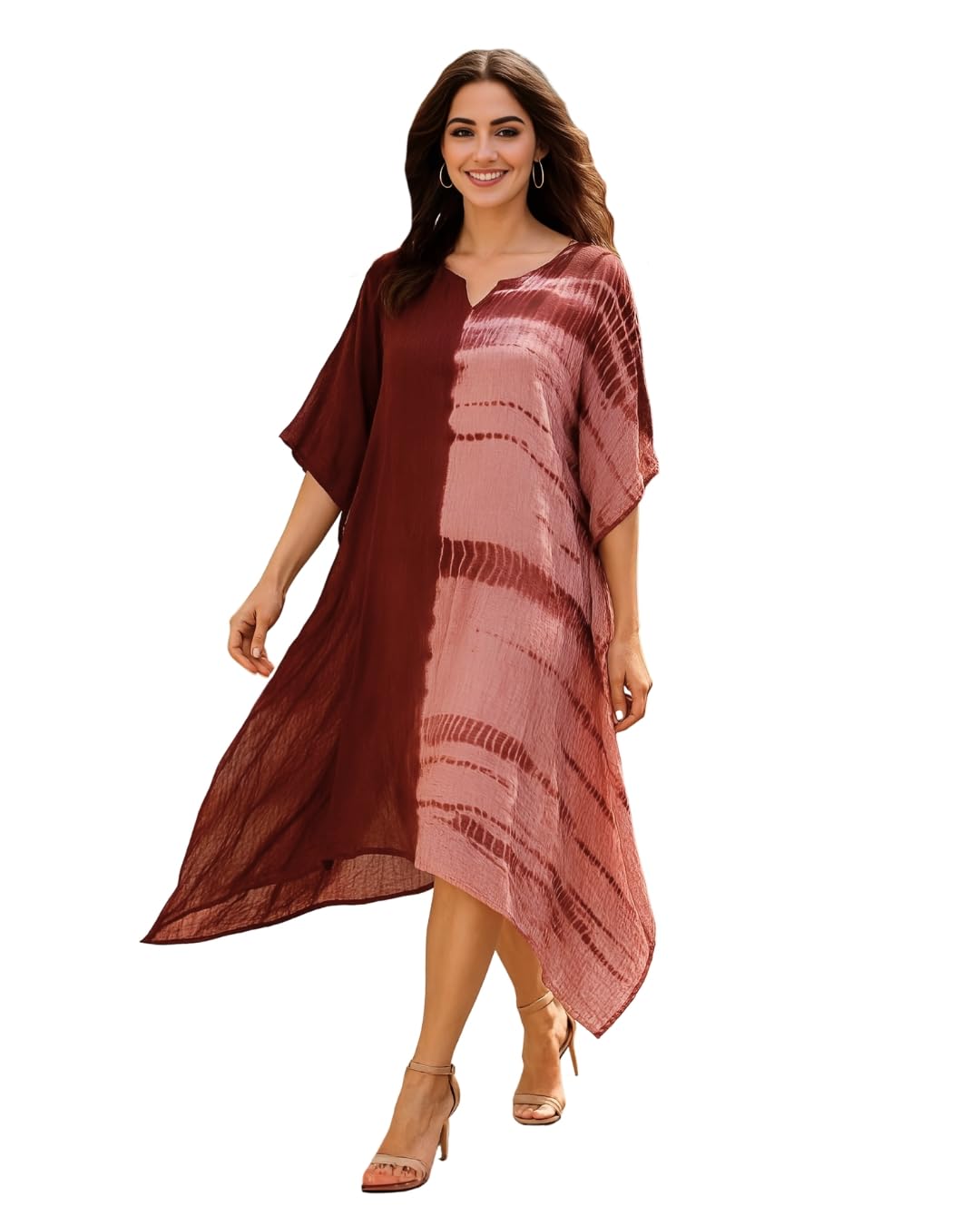 Women Maroon Handcrafted Tie-Dye Rayon Loose Fit Kaftan Dress | V-Neck | Color Block Kaftan Style | Lightweight & Breathable Fabric | Casual Wear (Available Size in S–4XL)