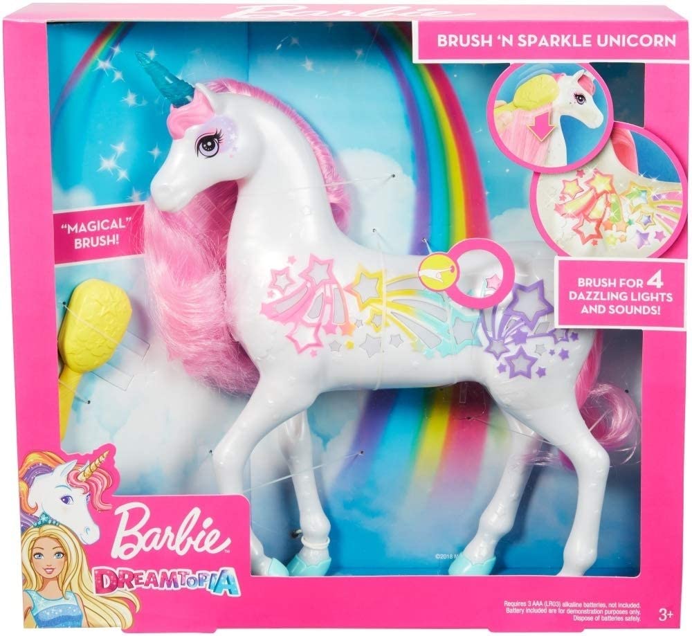 Barbie Dreamtopia Jednorożec Magiczne Włosy ze światełkami i dźwiękami, biały z różową grzywą i ogonem, wspaniały prezent dla dzieci w wieku 3–7 lat, GFH60