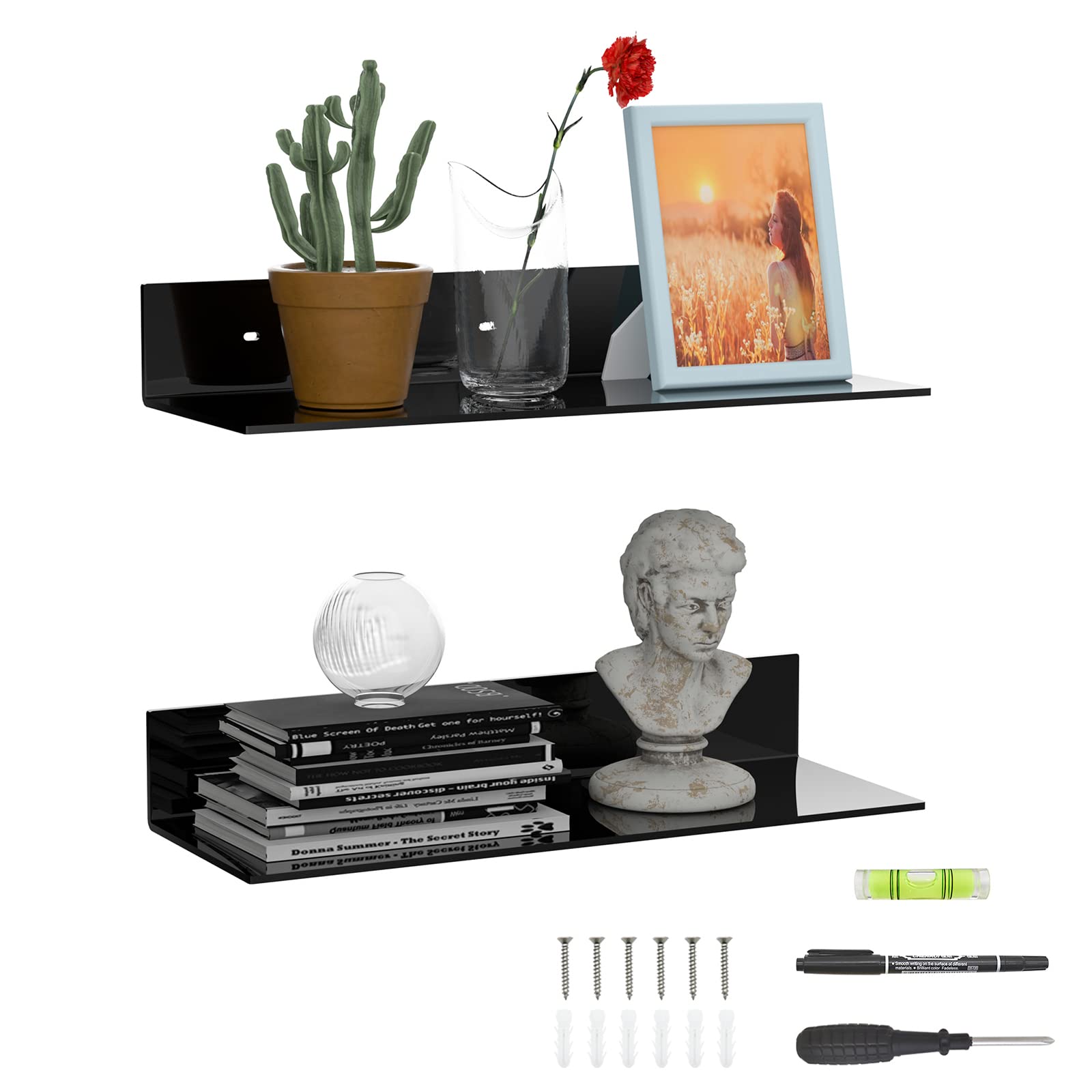 Sezanrpt 2 Pack Acrylic Wall Shelves 17 Inches, Black L Shape Floating Shelf, Acrylic Corner Shelf