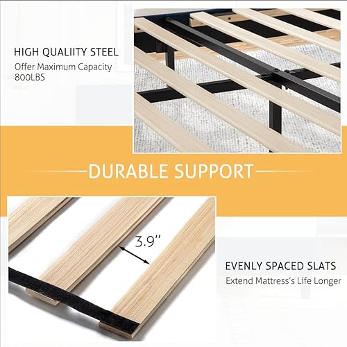 Miniatura 86 de SHA CERLIN Marco de cama matrimonial/plataforma tapizada de terciopelo con cabecero, soporte de listones de madera resistente, base de colchón, no