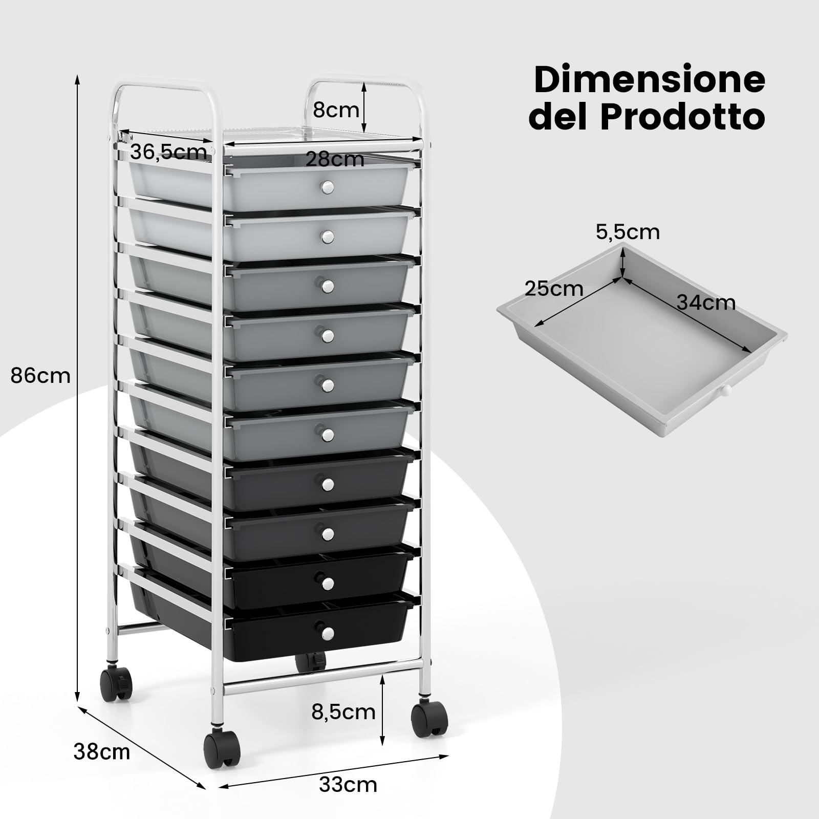 GYMAX Carrello Portaoggetti con 10 Cassetti Staccabile, Carrellino Salvaspazio con Ruote, per Uffici, Parrucchieri, Studio, Soggiorno, 38 x 33 x 86 cm (NERO SFUMATO)