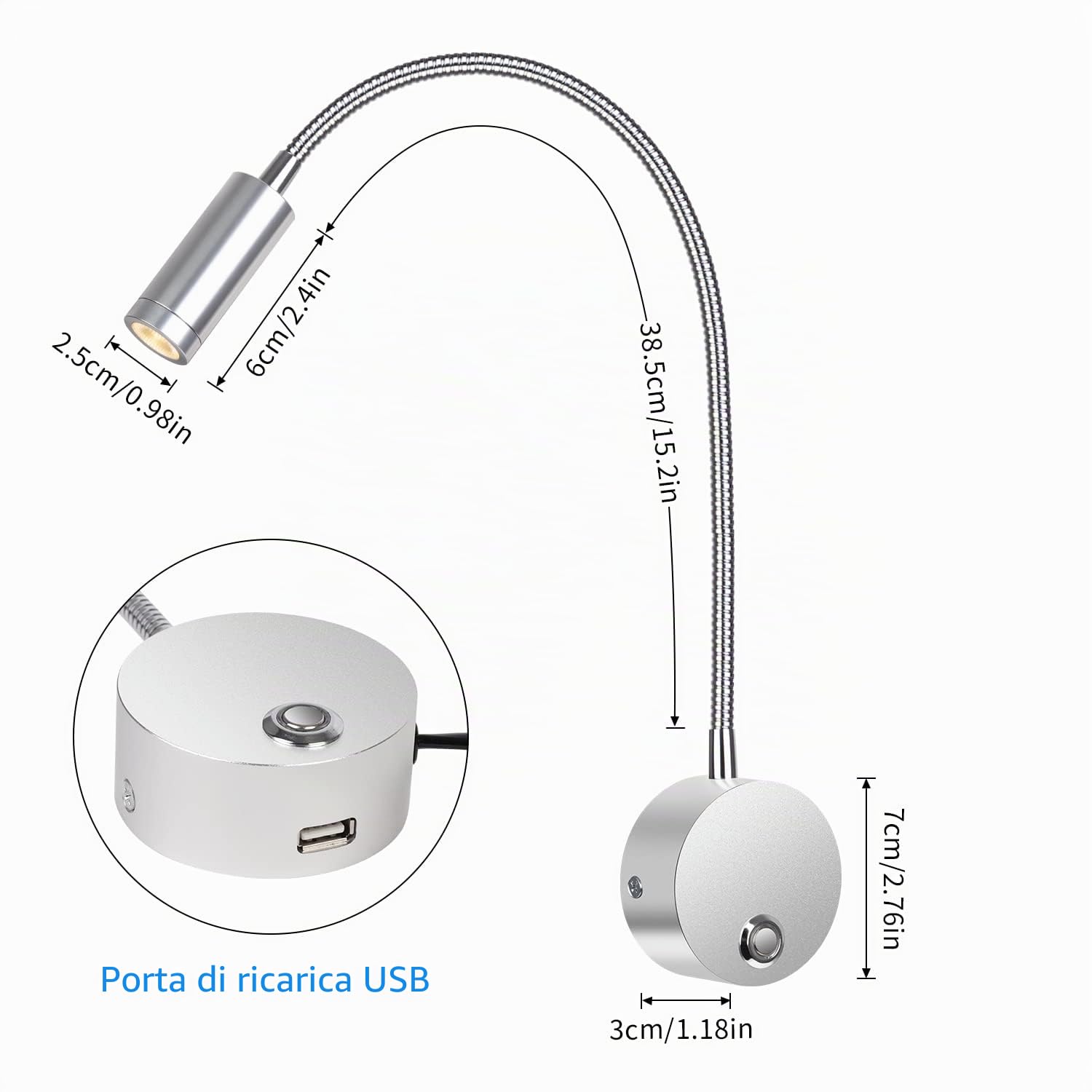 ERWEY Lampada da lettura da parete, lampada da comodino a LED da parete con interruttore touch, dimmerabile e presa di ricarica USB, collo d'oca girevole a 360° con spina e cavo, 3000-6000K, argento