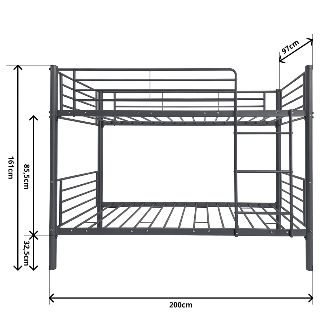 Litera Metálica Doble 200x97x161 cm Cama Infantil y Juvenil con Escalera Lateral y Barandilla de Seguridad para Dormitorio