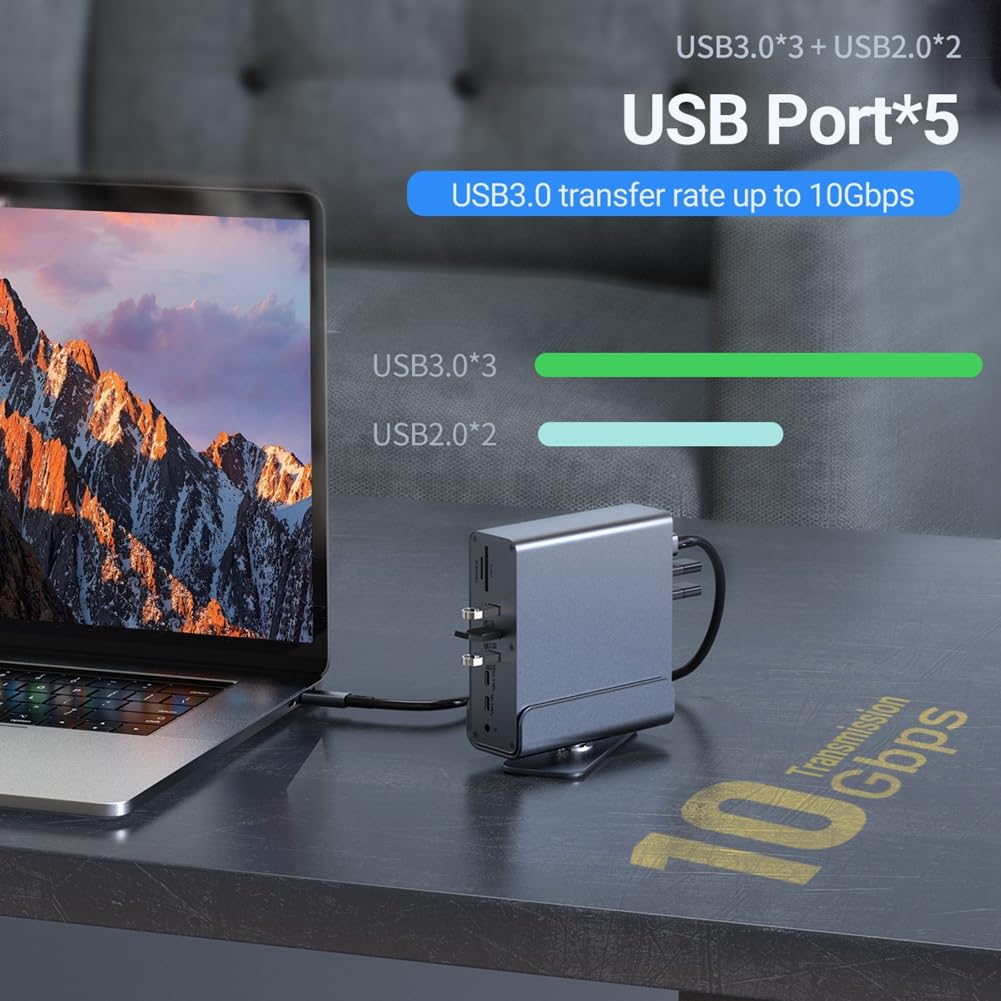 Docking Station USB-C 15 in 1 Hub Verticale 4K HD con Triplo Monitor, RJ45 1000M, USB 3.0/2.0, PD 3.0, SD/TF per PC Laptop