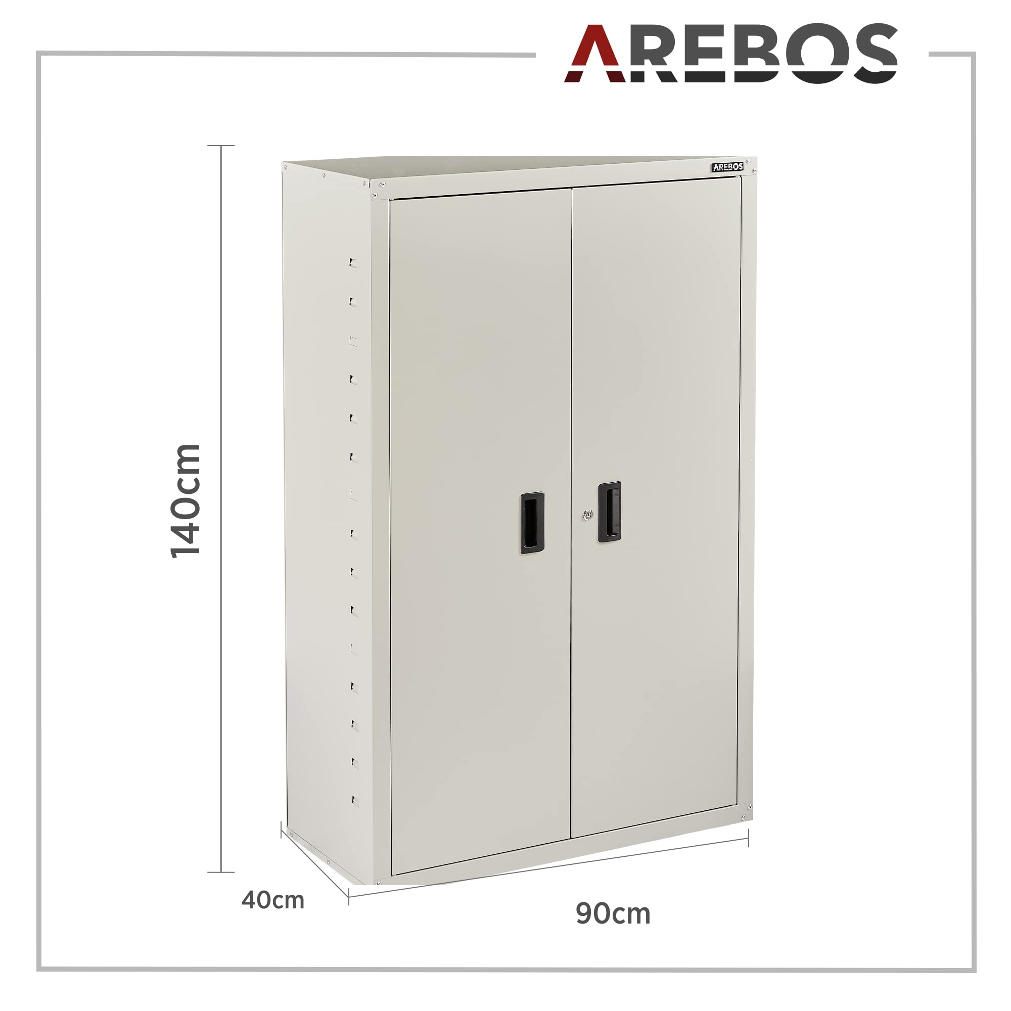 Arebos Armario archivador de oficina, 140 x 90 x 40 cm, 2 puertas, con 3 estantes ajustables en altura, con cerradura de cilindro, gris