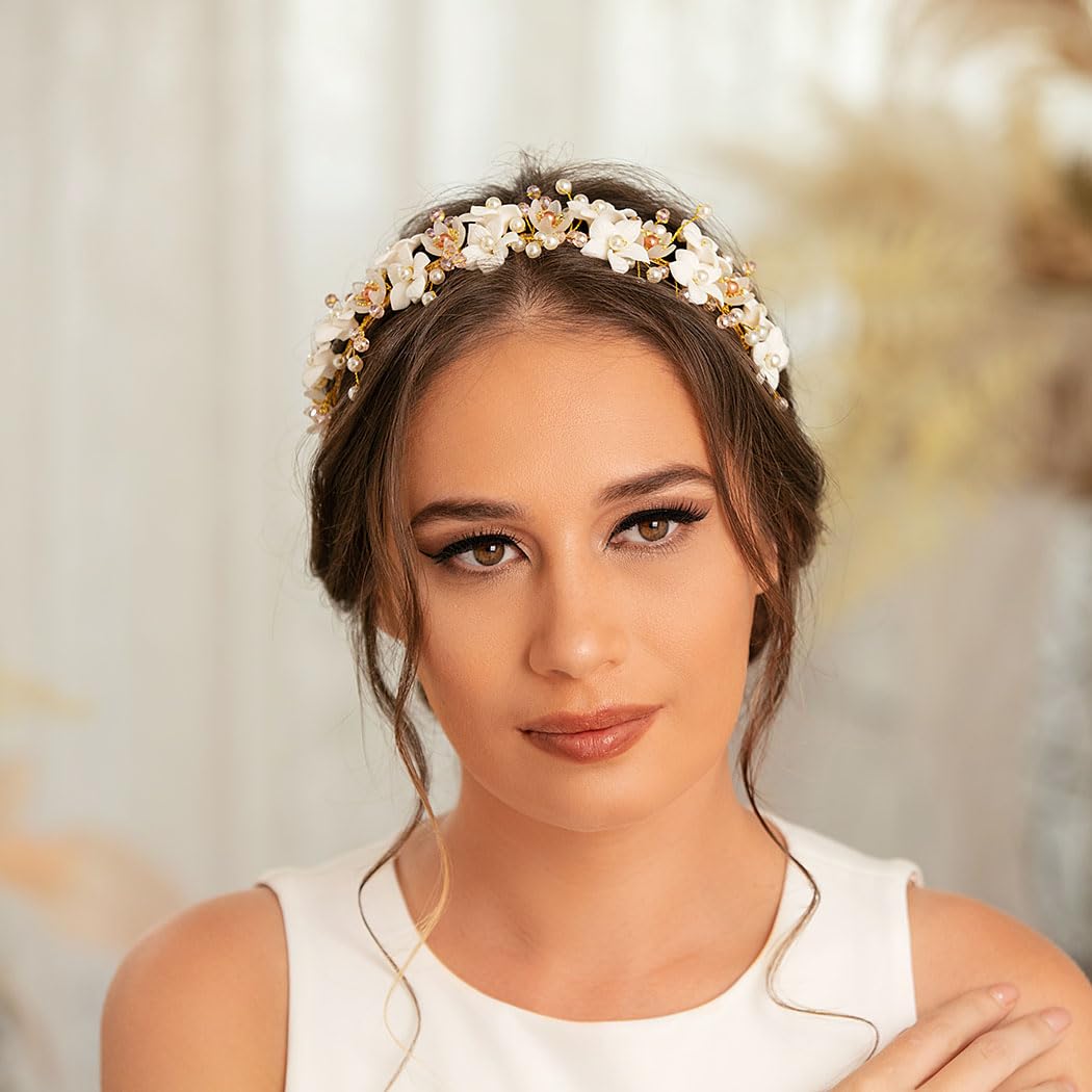IYOU Bridal Wedding Headband Gold Flower Hair Bands Pearl Beads Headpiece Communion Bride Hair Accessories for Women - Image 2