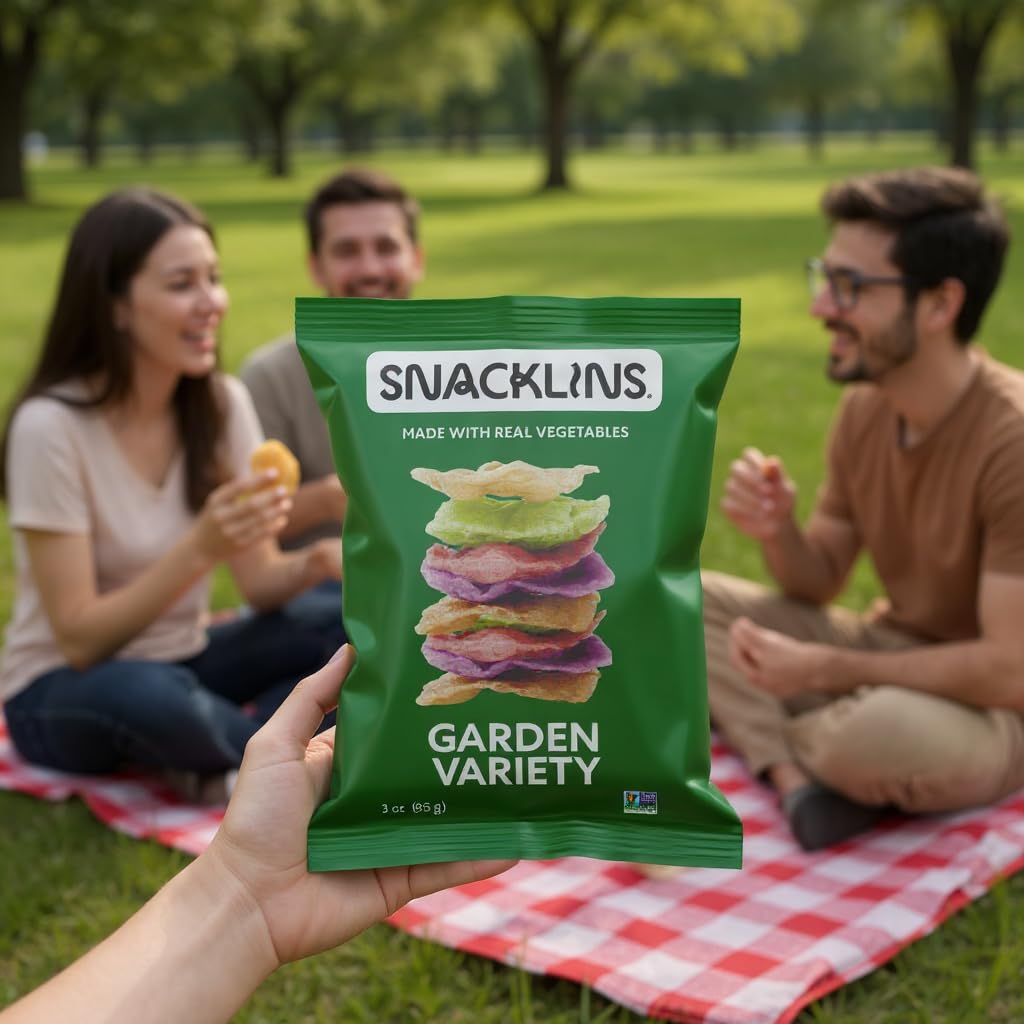 SNACKLINS Plant Based Crisps Garden Variety - NEW FLAVOR - Multi Serve | Plant-Based Crisps | Low Calorie | Gluten-Free | Kosher For Passover | 3oz Family Sized Bag (3oz - 6 Pack, Garden Variety)