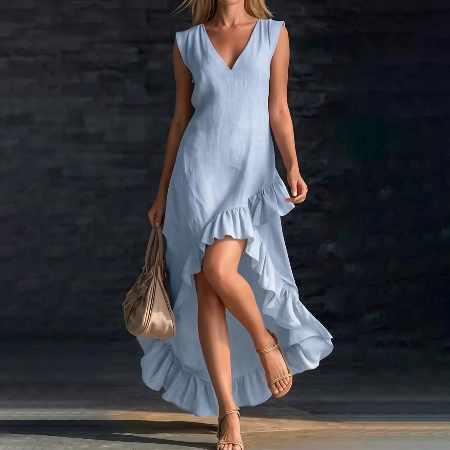 Cotton Linen Dresses for Women 2026 V Neck Sleeveless High Low Ruffle Hem Summer Beach Sundress Casual Flowy Dress