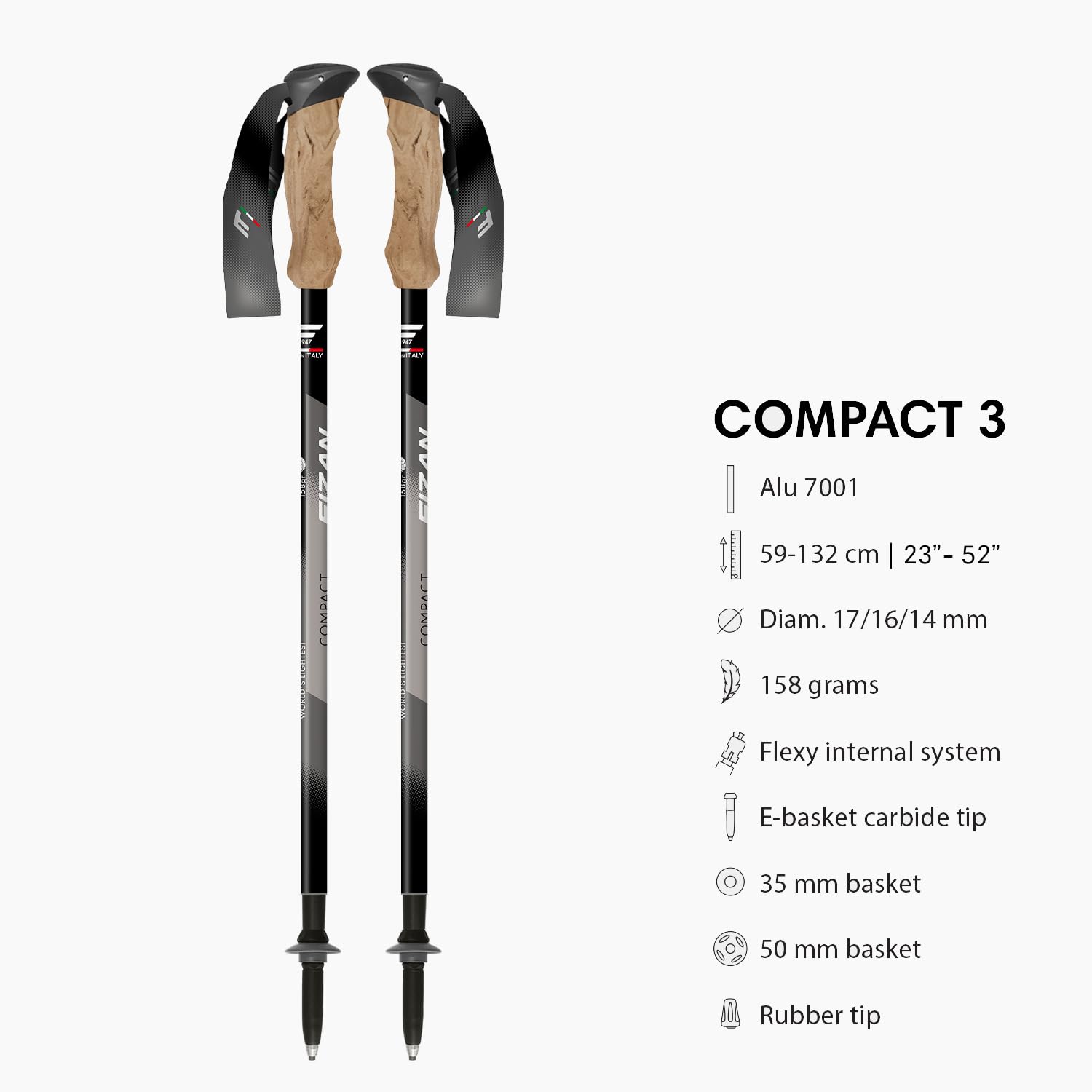 Fizan Kompakte 3 Trekkingstöcke, 158 g, Ultraleicht, für Rucksackreisen, Wanderstöcke, verstellbar, zusammenklappbar, individuelle Passform, Eva-Griffe, Aluminium-Gehstöcke (Compact 3)