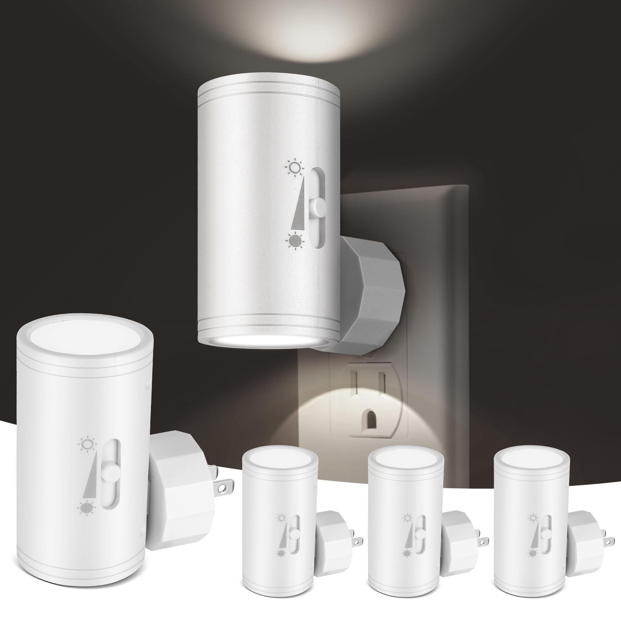 SETEN 4 Pack LED Wall Plug-in Night Light with Dusk to Dawn Sensor, 5000K Daylight White, Dimmable 0-300LM, Adjustable Rotating Lamp for Bedroom,