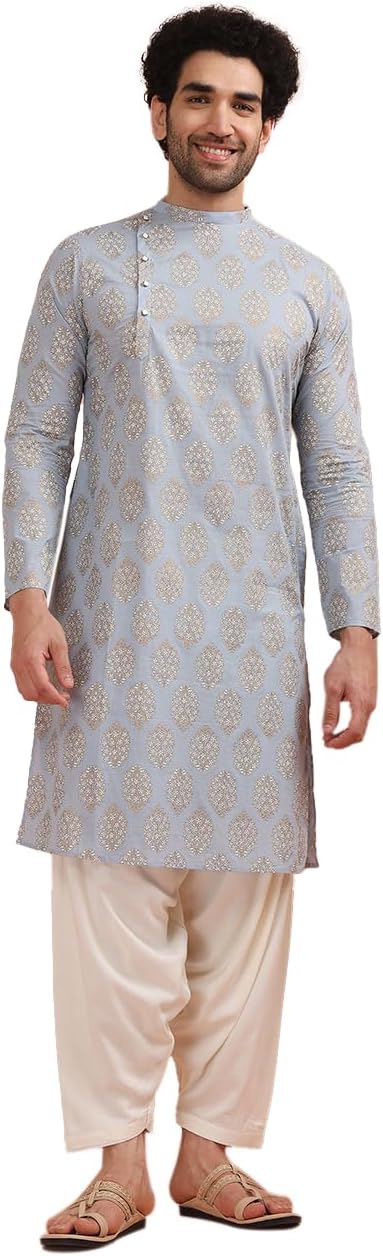 KISAH Mens Kurta – Printed Cotton Blend Tunic with Mandarin Collar, Regular Fit – Indian Wedding Outfit for Men – Festive Wear for Diwali, Eid & Celebrations Blue - Image 8