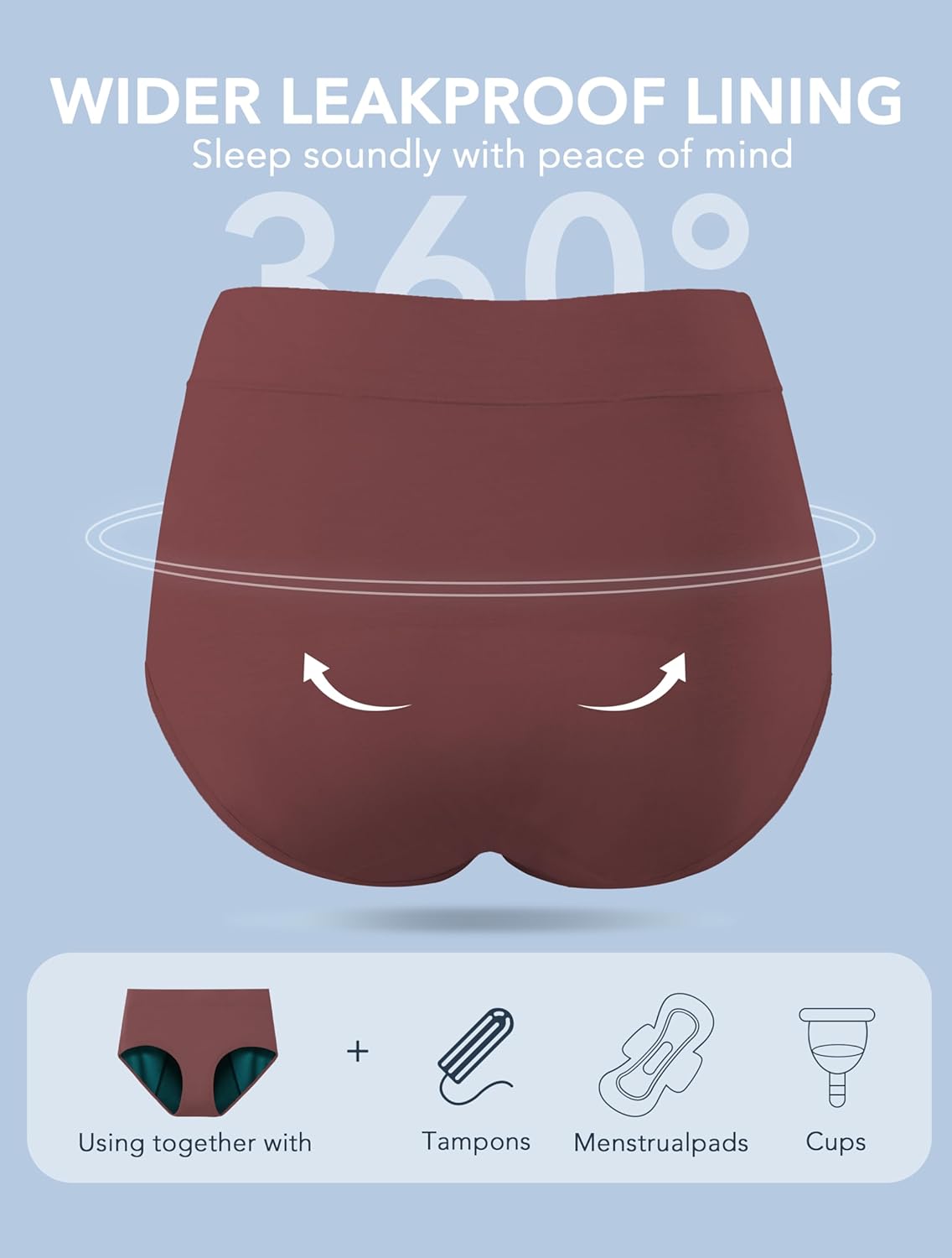 TIICHOO Incontinence Underwear for Women Leak Proof Panties High Waisted Period Briefs Heavy Flow 4 Pack(Large,1 Black/1 Black with Green Lining/1 Turquoise/1 Brown) - Image 5