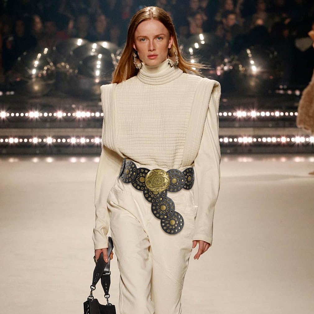 Wide Disc Belt for Women Vintage Hollow Boho Leather Belt Western Chunky Waist Belt Cowboy Metal Buckle Concho Belts - Image 2