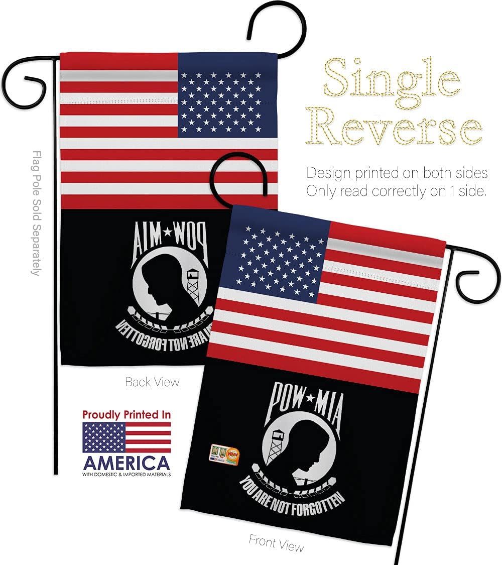 US POW MIA Garden Flag Set Wall Holder Armed Forces Vietnam WarUnited State American Military Veteran Official Small Decorative Gift Yard House Banner Made In USA 13 X 18.5