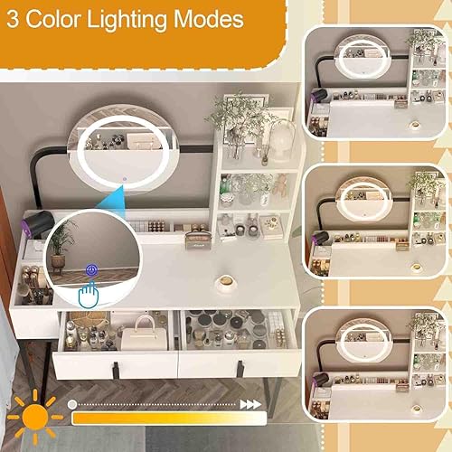 Miniatura 2 de BJYXO Escritorio de maquillaje con espejo y luces, bonita mesa de maquillaje, mesa de tocador para dormitorio con mucho almacenamiento, 3 modos de