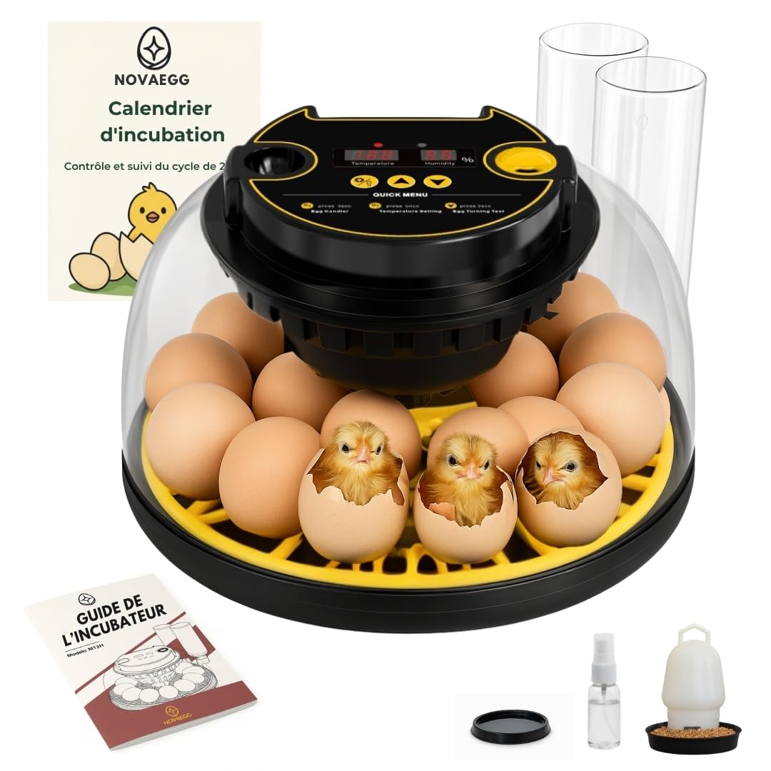 COUVEUSE ŒUFS AUTOMATIQUE pour tous types d’oiseaux | 12-16 œufs | contrôle température, humidité et retournement | calendrier, mangeoire, abreuvoir, guide | sans batterie, secteur 35W