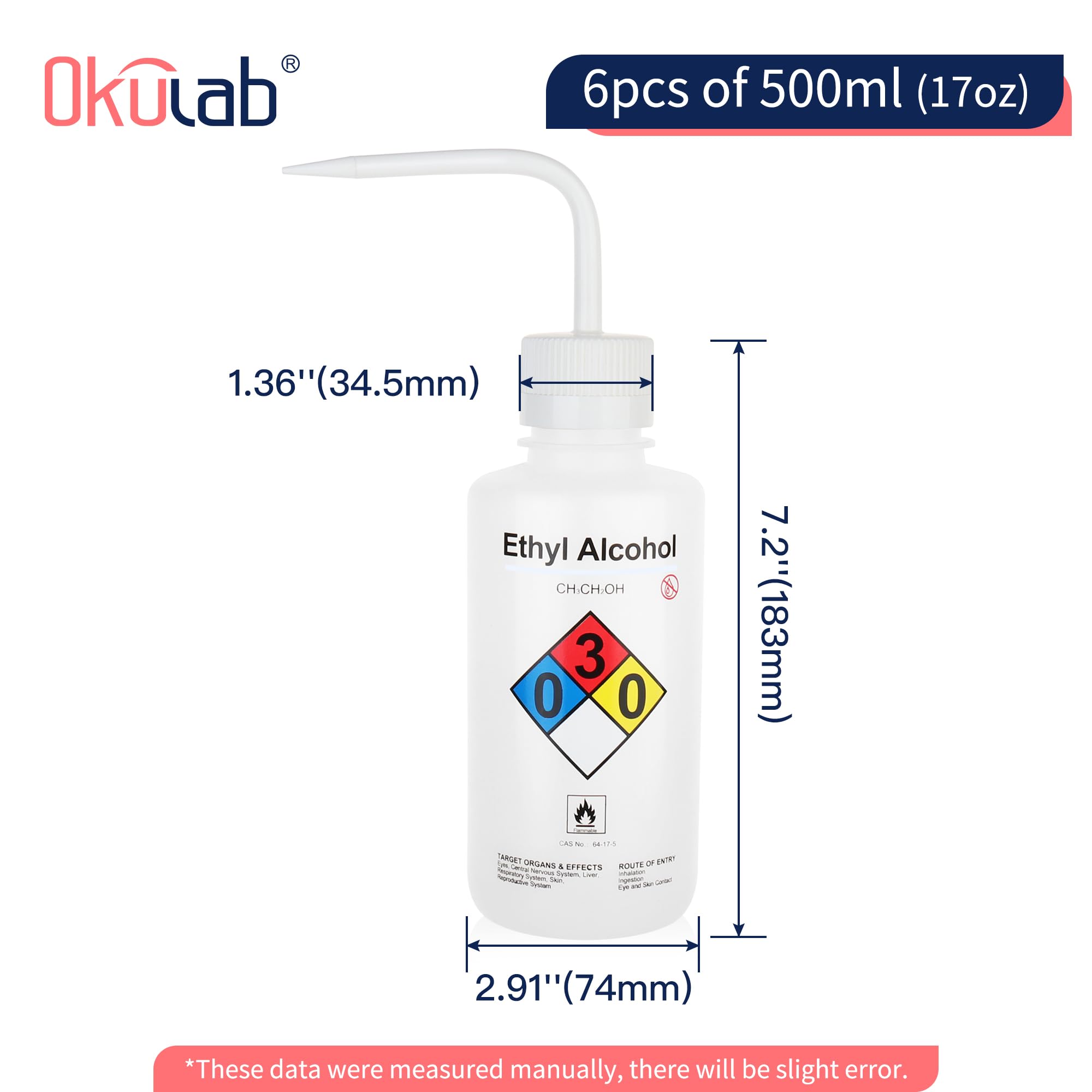 6 botellas de lavado de agua de seguridad, vol.500 ml (17 onzas), botella de chorro de etilelcohol con boca estrecha para laboratorio WBE500A6