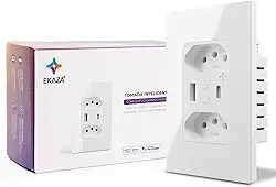 EKAZA Tomada de Parede inteligente Dupla, Com entrada USB + USB-C Type-C, 10A,4x2, Wi-Fi+Bluetooth, 5V 2.1A, compatível com Google Assistente e Alexa - T217WB
