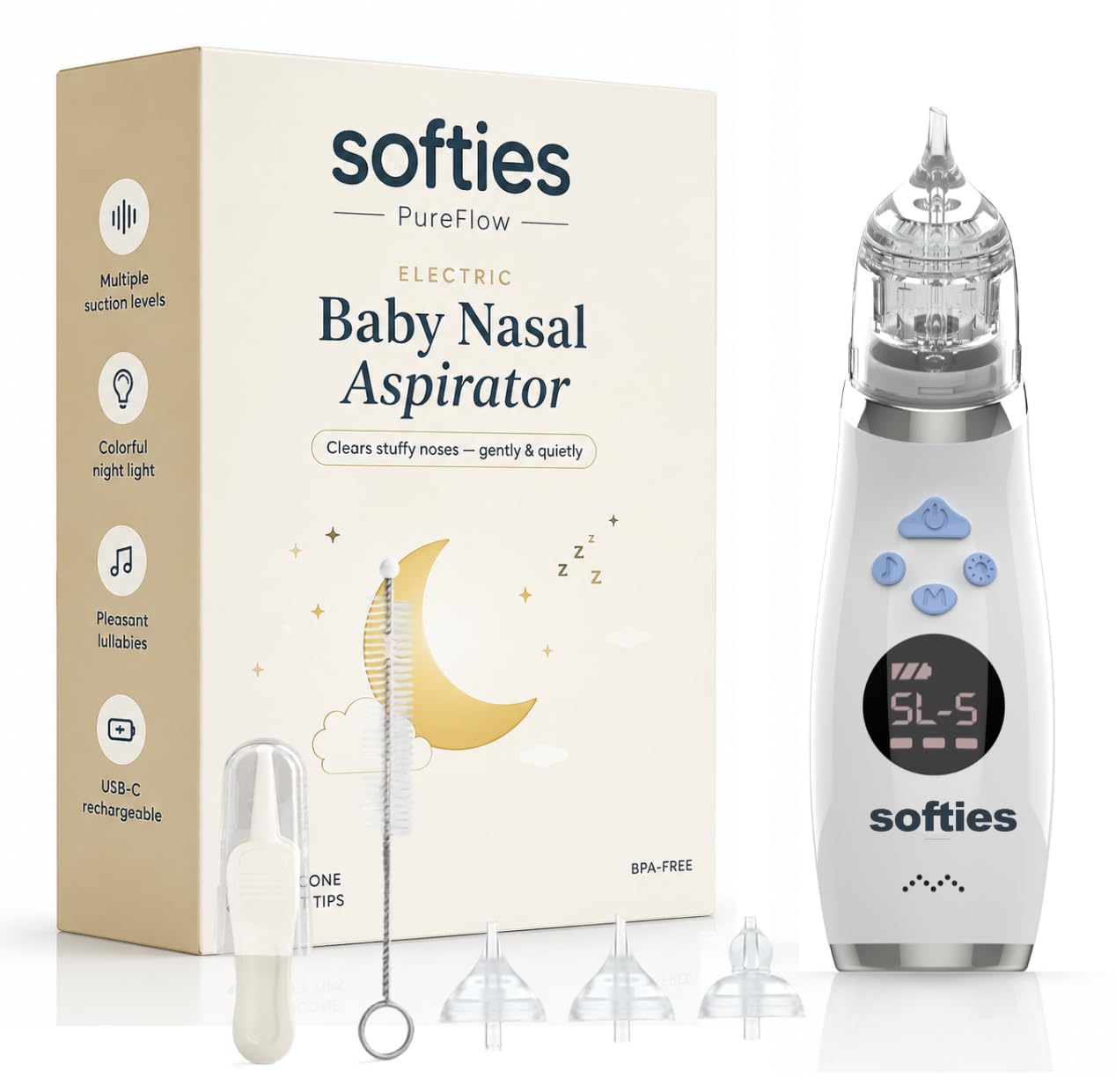 SOFTIES Electric Baby Nasal Aspirator for Newborns, 3 Silicone Tips | Rechargeable suction pump with gentle cleaning, washable parts and multiple suction levels for babies and toddlers.-image-10