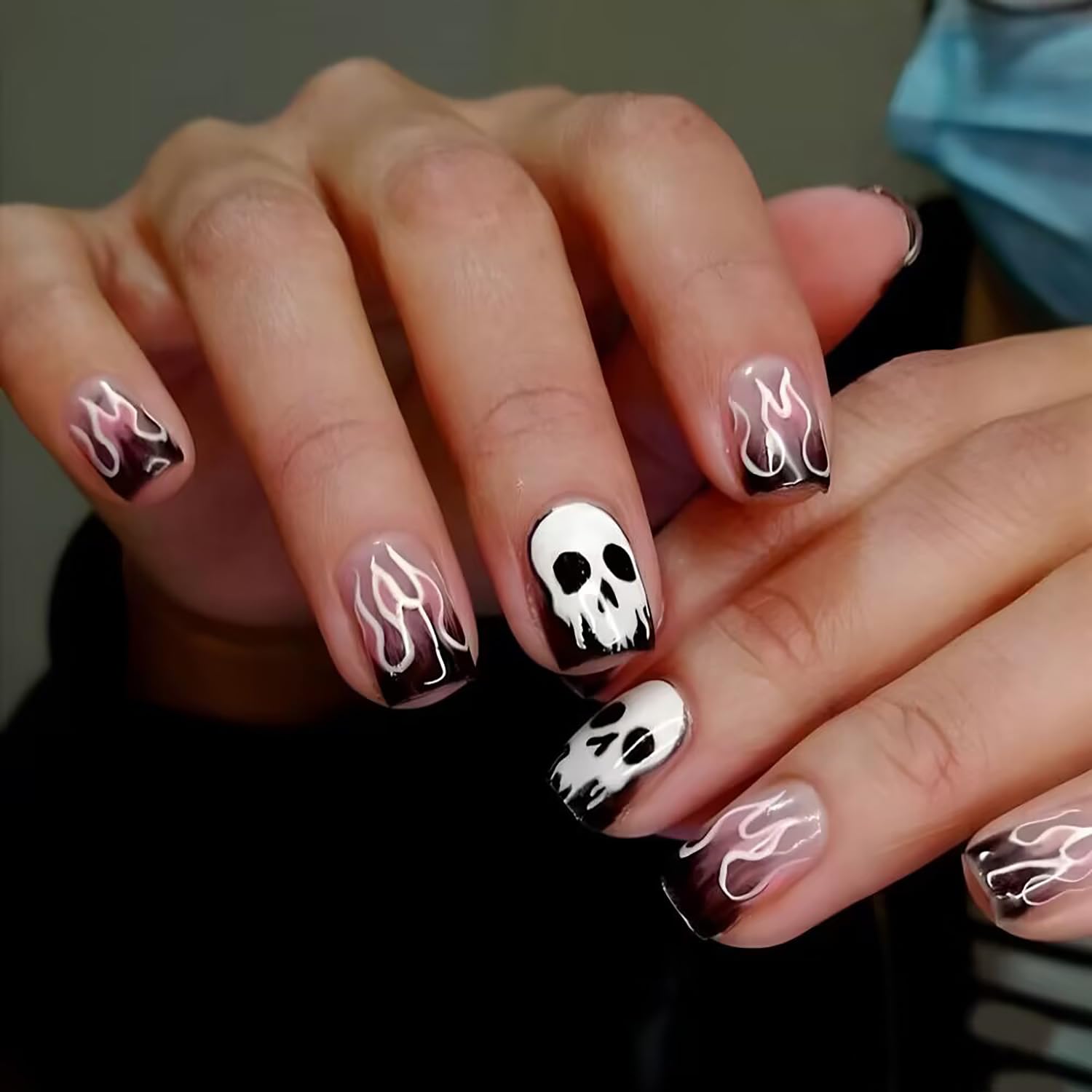 Press on Nails Short Square Halloween Acrylic French False Nails with Day of the Dead Designs Artificial Extra Short Coffin Cute Holiday Fake Nails