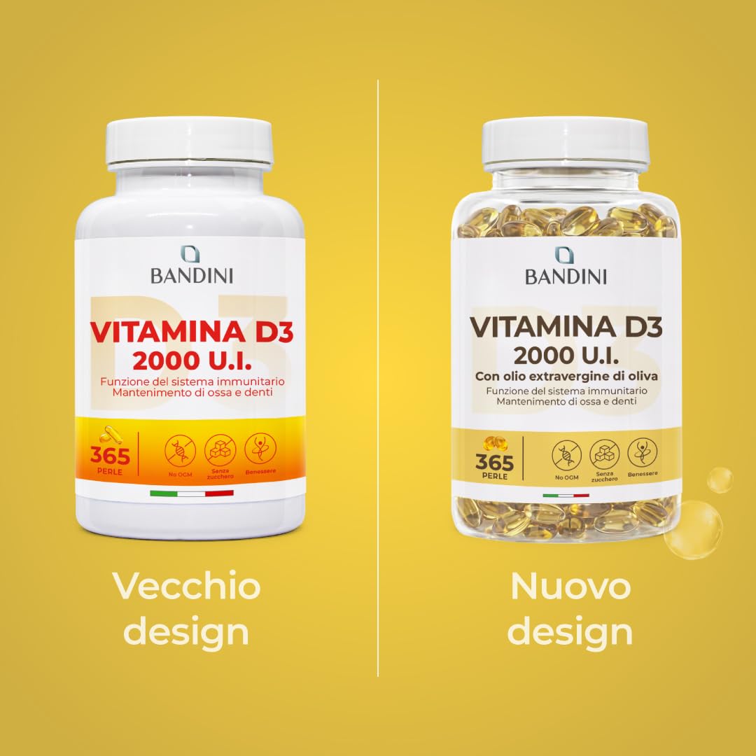 Bandini® Vitamina D3 2000 UI 365 Softgels, Alto Dosaggio 50μg, Vitamine D Colecalciferolo in perle, In Olio Extravergine di Oliva per Assorbimento Ottimale, Ossa, Denti, Muscoli, Sistema immunitario