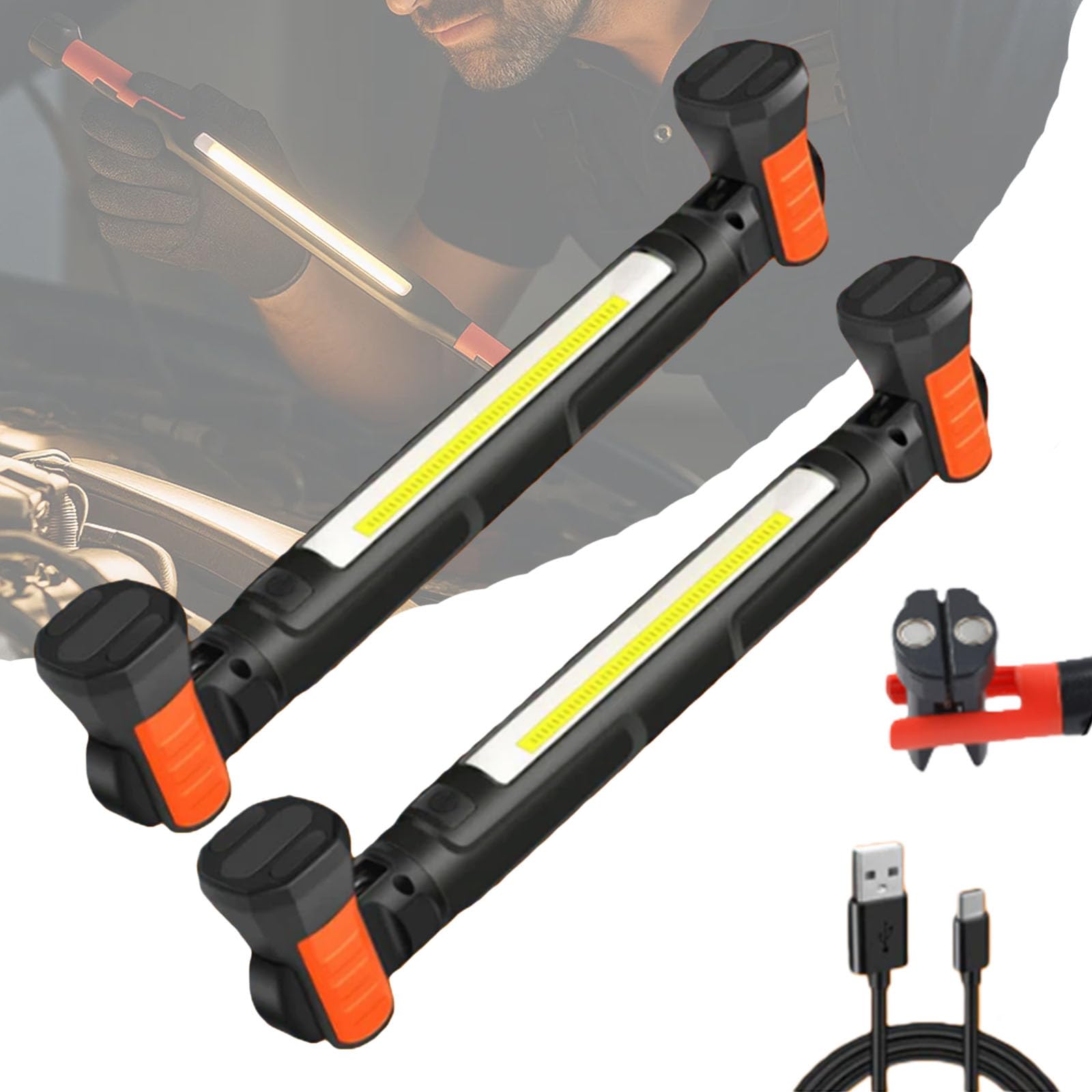 Lampada da lavoro magnetica ricaricabile a LED, lampada da lavoro sottocofano for meccanici/riparazioni auto/officina, lampada portatile senza fili con potente magnete e gancio for appendere(2 Pcs)