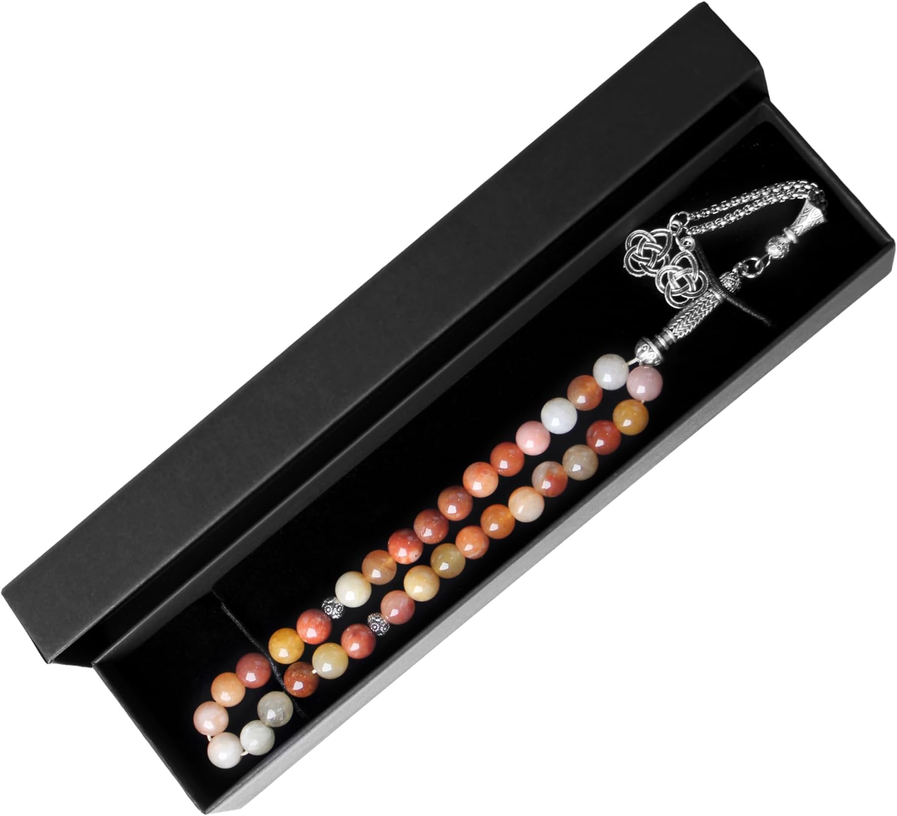 Luxury Prayer Beads 33 Natural Stone Tasbih Set Agate Hematite Snowflake Obsidian Tiger’s Eye Stones 8mm Dhikr Beads with Metallic Tassel Gift for Ramadan Eid (Jinsi Jade(Pale yellow))