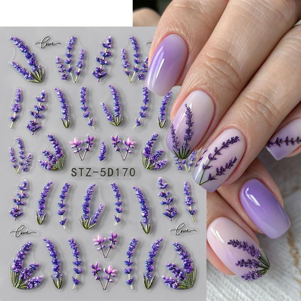 Flower Nail Stickers for Nail Art, 5D Embossed Spring Floral Nail Decals Lavender Blossom Bee Ladybug Fruit Floral Summer Spring Flower Nail Art Supplies for Women Girls (3Sheets)