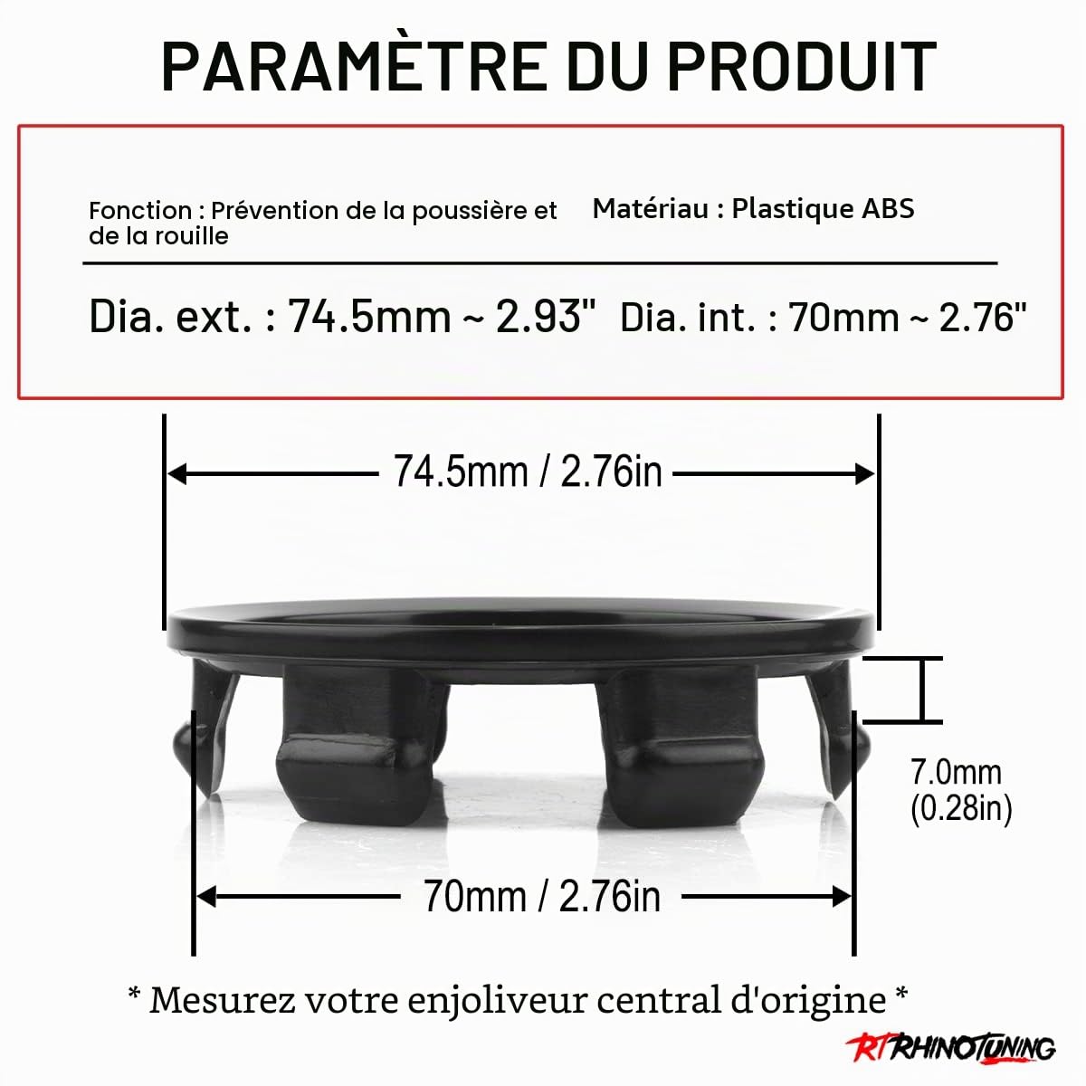 Rhinotuning Lot de 4 Cache-moyeux Ø: Front 74.5mm (2.9")/ Back 70mm (2.8") Noirs