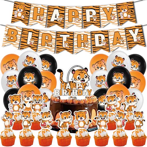 Tiger Party Decorations Tiger Birthday Party Supplies Includes HAPPY BIRTHDAY Banner Balloons Cake Topper Cupcake Toppers for Tiger Birthday Decorations Zoo Animals Party