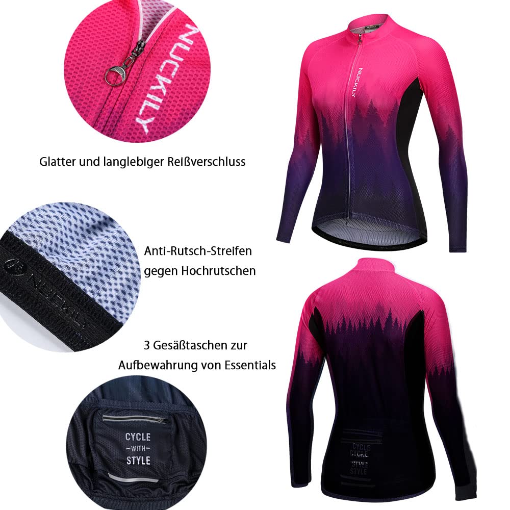 NUCKILY Radtrikot Damen Set Langarm Fahrradtrikot Fahrradbekleidung MTB Radsportanzug Rad Jacke und Radhose mit 3D Sitzpolster Strumpfhosen Frühling Herbst Berg Kleidung Anzüge