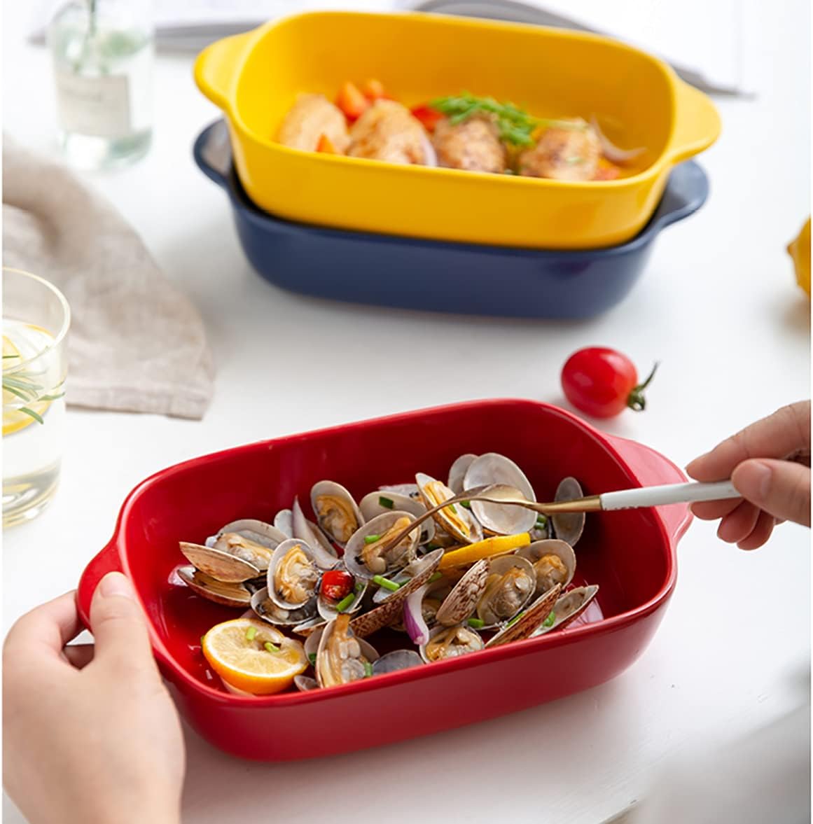 ベーキングオーブンディッシュ 耐熱皿 2個 小型セラミック長方形ベーキングディッシュ ハンドル付き オーブンセラミックベーキングパン