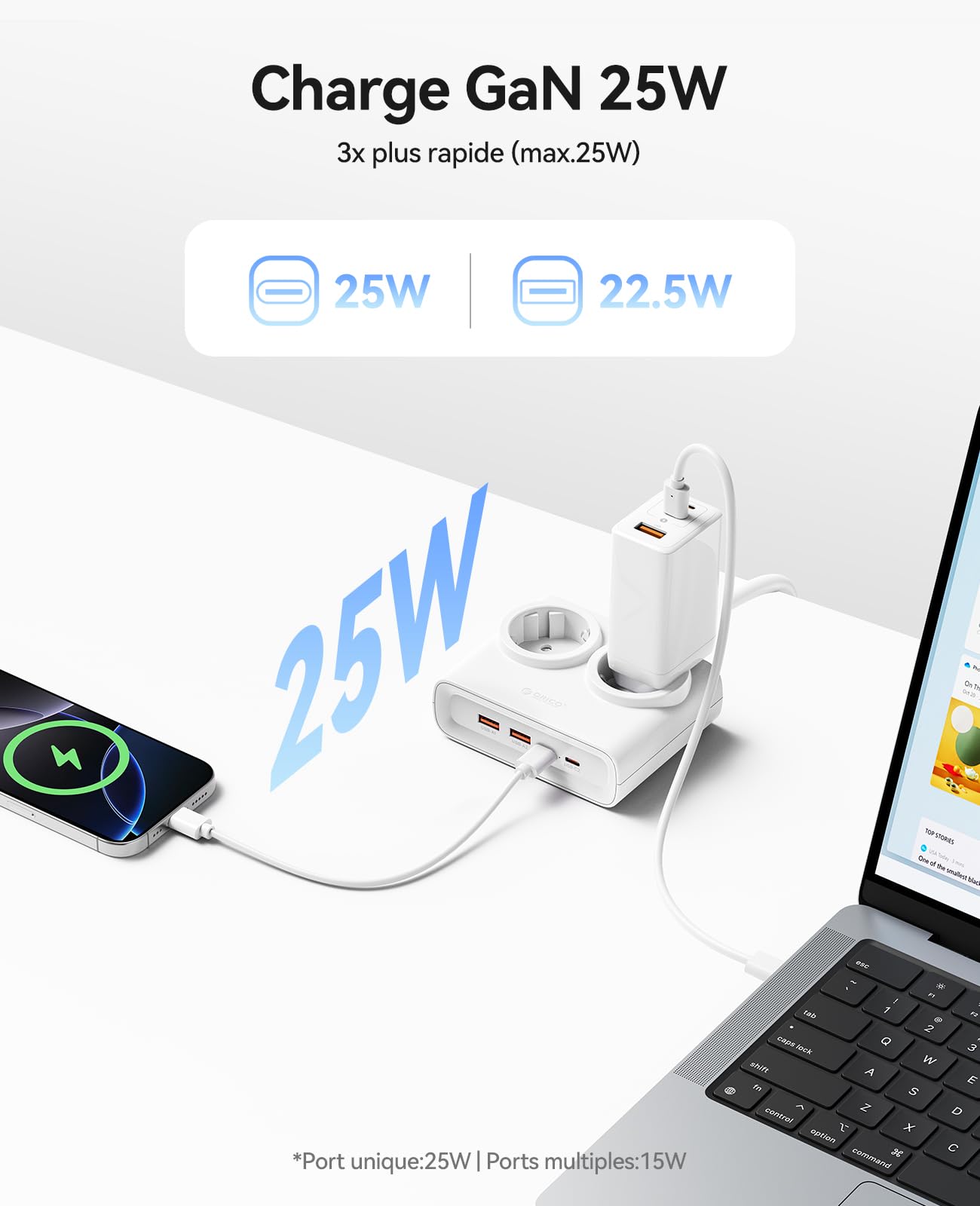 ORICO Weiß+ Lila Mehrfachsteckdose mit USB C, Ladeanschlüssen Kompatibel für das Home Office auf dem Schiff (AP3-2A2U1C + PDC-2A2U2C)