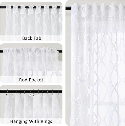 Miniatura 4 de Cortinas traslúcidas blancas de 96 pulgadas de largo para dormitorio, con textura copetuda, bordadas, con patrón geométrico, pestañas traseras,