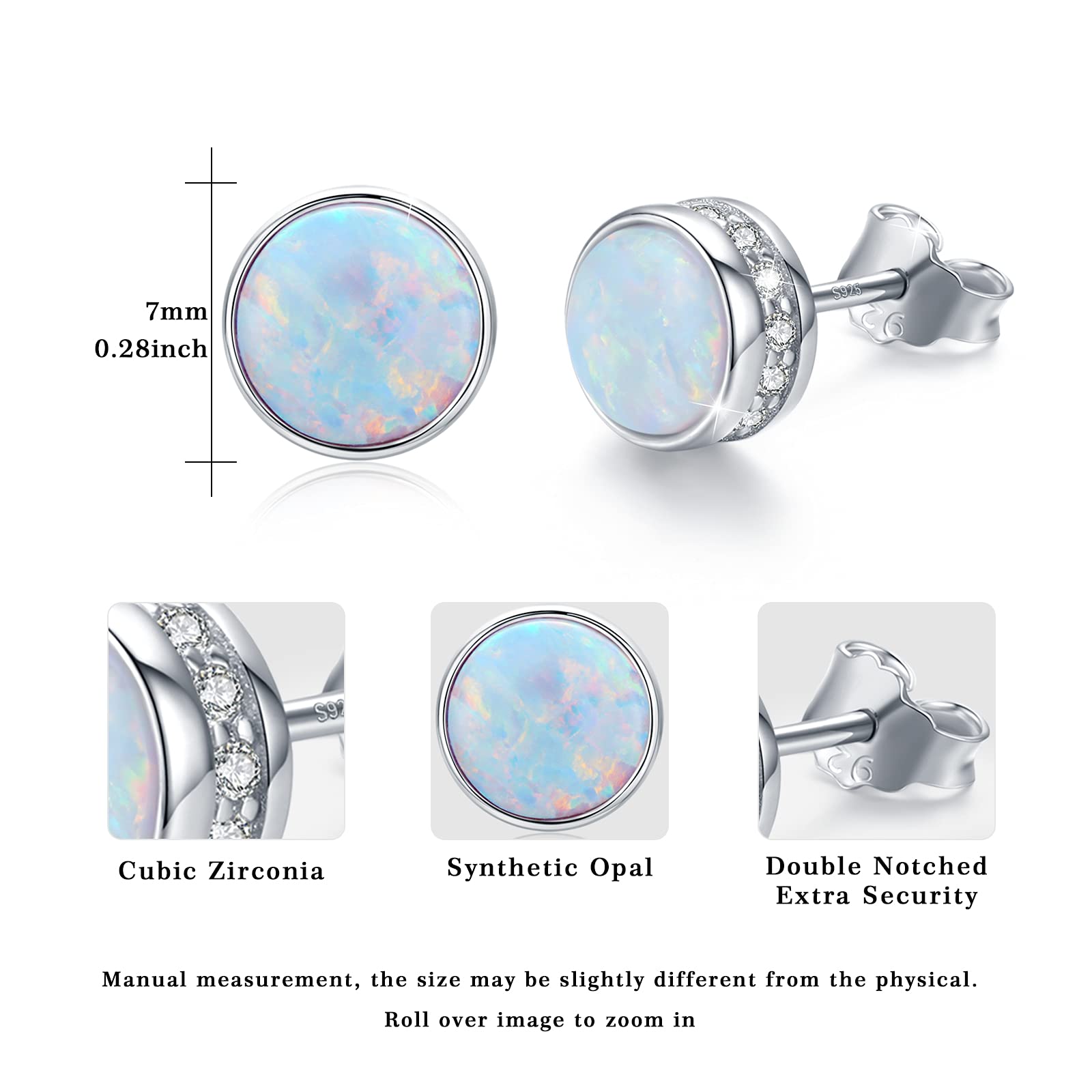 Opal Ohrstecker 925 Sterling Silber Hypoallergen Rund Ohrstecker Opal Türkis Obsidian Ohrringe für Damen Männer 7 mm