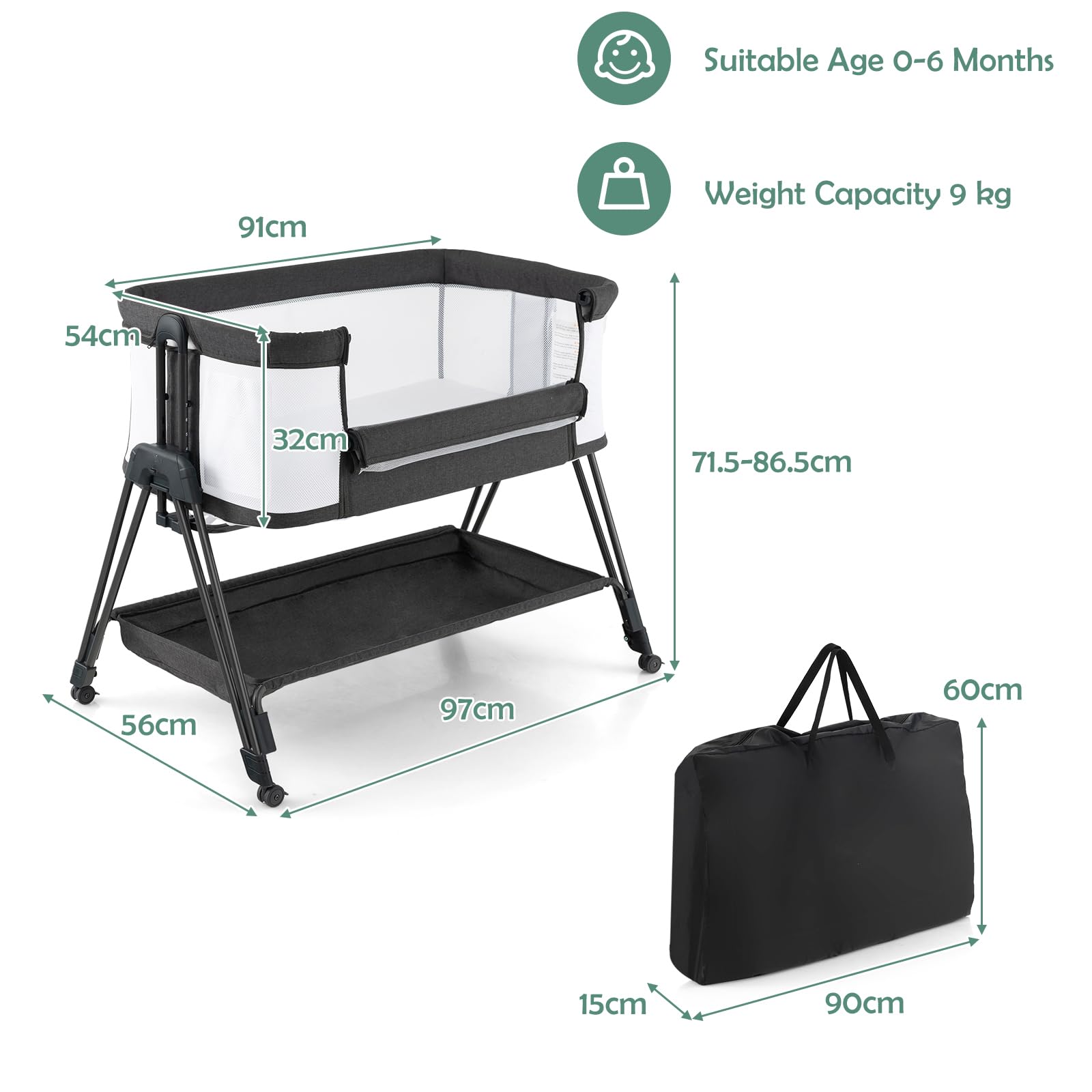 LIFEZEAL Culla Neonato, Next to Me, Lettino Neonato, Culla Next2Me, Altezza Regolabile, Lettino Bambino, con Borsa, Mensola e Ruote, Lettino con Materasso per baby 0~6 Mesi, fino 9kg (grigio chiaro)