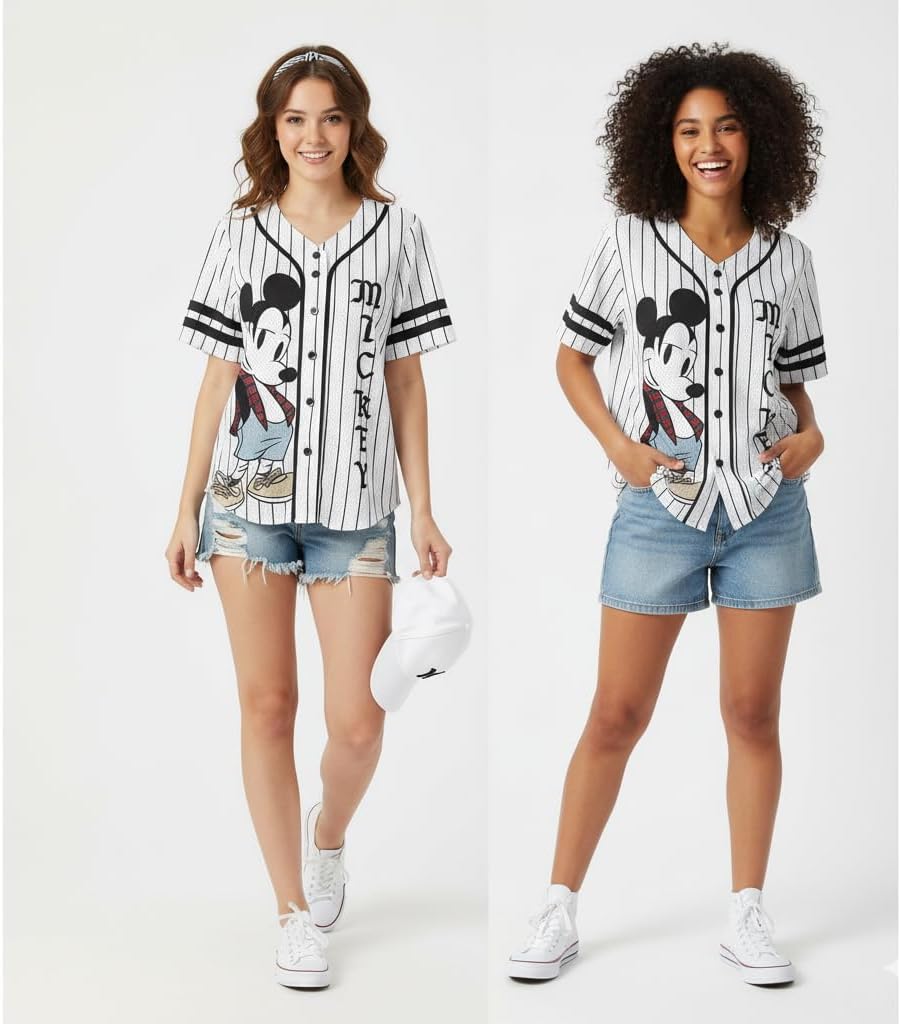 Disney Womens Ladies Mickey Mouse & Pluto Button Down Baseball Jersey Fashion Shirt - Image 7