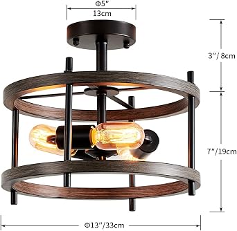 AGV LIGHTING Semi Flush Mount Ceiling Light Fixture, 3-Light Farmhouse Light Fixture Ceiling Mount Wooden Textures with Black