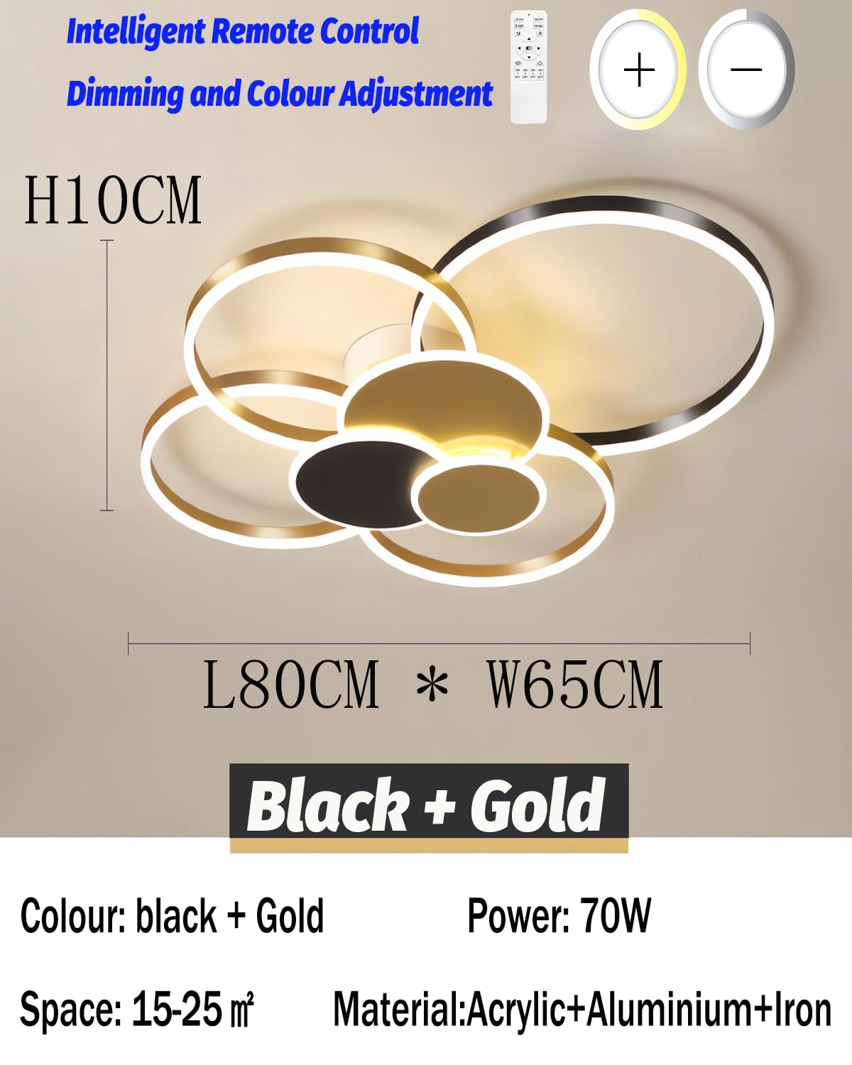Lampadario LED dimmerabile a 7 anelli-Plafoniera moderna in metallo e acrilico con telecomando luminosità regolabile per il soggiorno la camera la sala da pranzo e l'ufficio (oro nero, 80cm)