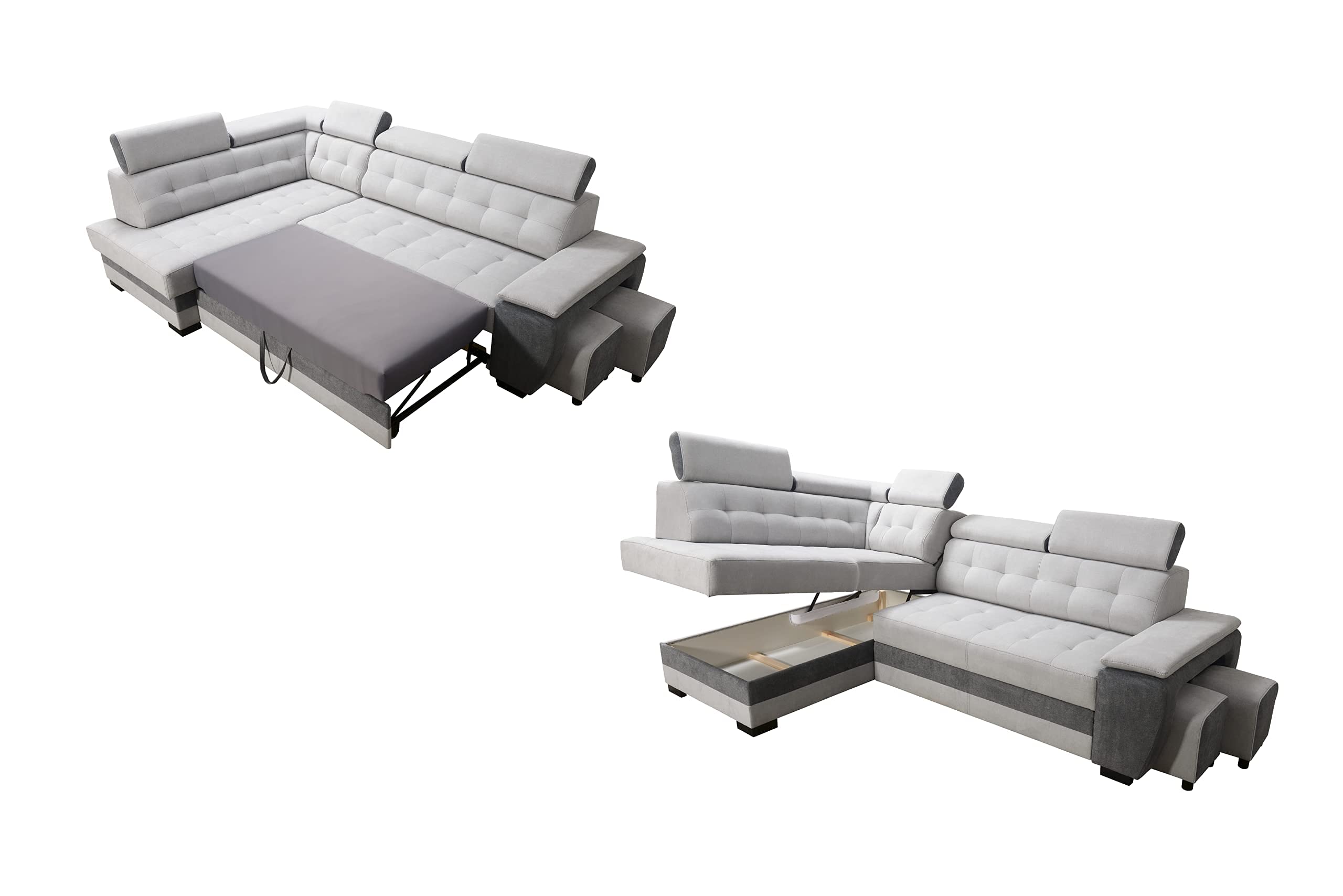 Robin Grand sofa narożna z funkcją spania, skrzynią na pościel, zagłówki, funkcja relaksu, 2 taborety, sofa w kształcie litery L, wolnostojąca, narożna, do spania, meble do salonu, zestaw wypoczynkowy | Sofa w kształcie litery L ze skrzynią na pościel, fu